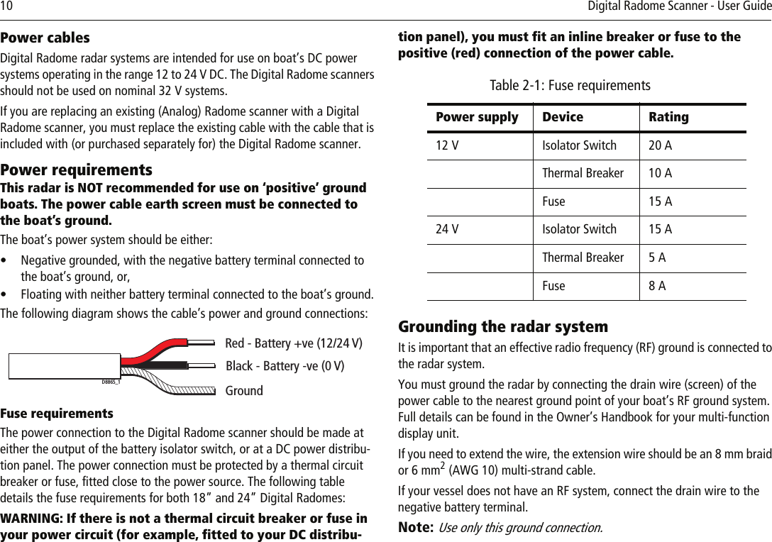 10          Digital Radome Scanner - User Guide Power cablesDigital Radome radar systems are intended for use on boat’s DC power systems operating in the range 12 to 24 V DC. The Digital Radome scanners should not be used on nominal 32 V systems.If you are replacing an existing (Analog) Radome scanner with a Digital Radome scanner, you must replace the existing cable with the cable that is included with (or purchased separately for) the Digital Radome scanner. Power requirementsThis radar is NOT recommended for use on ‘positive’ ground boats. The power cable earth screen must be connected to the boat’s ground.The boat’s power system should be either:• Negative grounded, with the negative battery terminal connected to the boat’s ground, or,• Floating with neither battery terminal connected to the boat’s ground. The following diagram shows the cable’s power and ground connections:Fuse requirementsThe power connection to the Digital Radome scanner should be made at either the output of the battery isolator switch, or at a DC power distribu-tion panel. The power connection must be protected by a thermal circuit breaker or fuse, fitted close to the power source. The following table details the fuse requirements for both 18” and 24” Digital Radomes:WARNING: If there is not a thermal circuit breaker or fuse in your power circuit (for example, fitted to your DC distribu-tion panel), you must fit an inline breaker or fuse to the positive (red) connection of the power cable.Grounding the radar systemIt is important that an effective radio frequency (RF) ground is connected to the radar system.You must ground the radar by connecting the drain wire (screen) of the power cable to the nearest ground point of your boat’s RF ground system. Full details can be found in the Owner’s Handbook for your multi-function display unit.If you need to extend the wire, the extension wire should be an 8 mm braid or 6 mm2 (AWG 10) multi-strand cable.If your vessel does not have an RF system, connect the drain wire to the negative battery terminal.Note: Use only this ground connection.Red - Battery +ve (12/24 V)Black - Battery -ve (0 V)GroundD8865_1Table 2-1: Fuse requirementsPower supply Device Rating12 V Isolator Switch 20 AThermal Breaker 10 AFuse 15 A24 V Isolator Switch 15 AThermal Breaker 5 AFuse 8 A