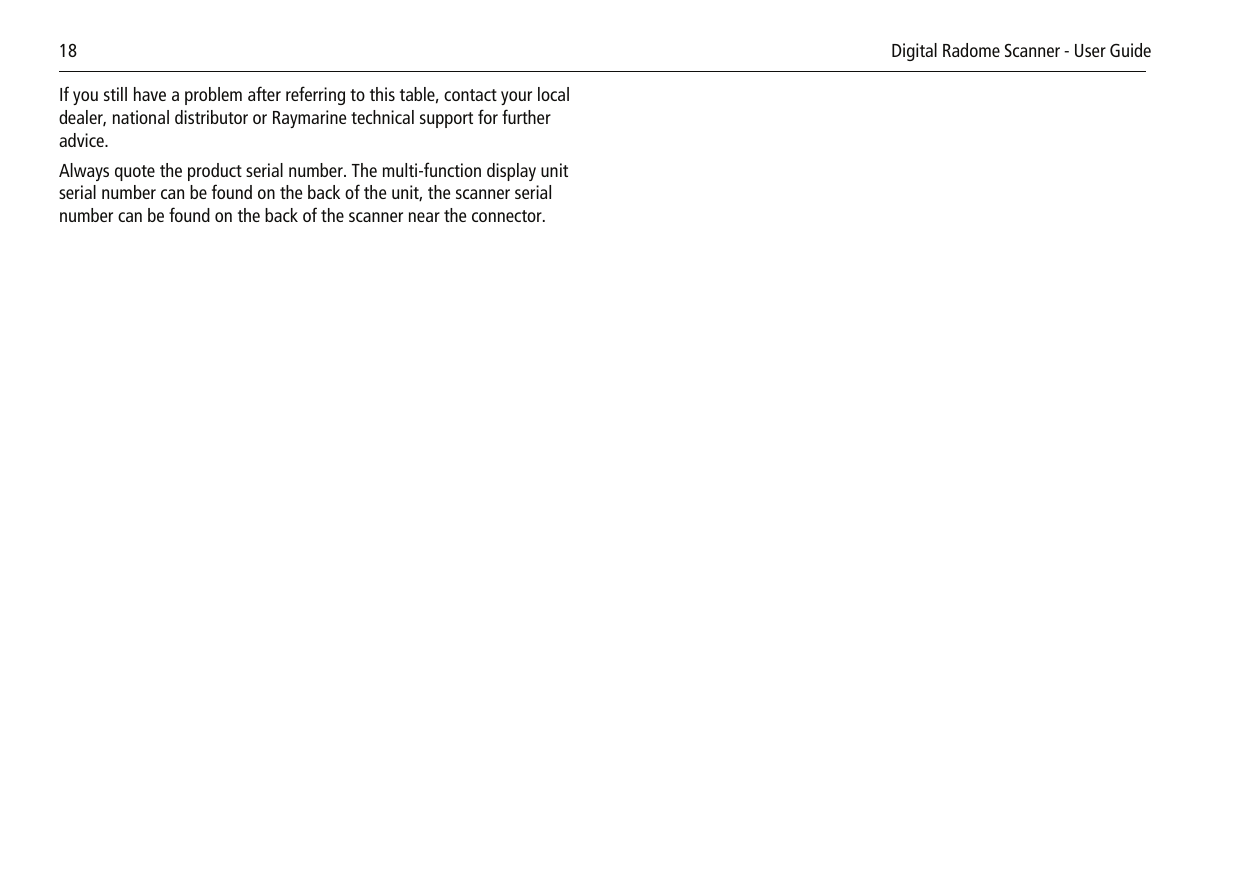 18            Digital Radome Scanner - User GuideIf you still have a problem after referring to this table, contact your local dealer, national distributor or Raymarine technical support for further advice.Always quote the product serial number. The multi-function display unit serial number can be found on the back of the unit, the scanner serial number can be found on the back of the scanner near the connector.
