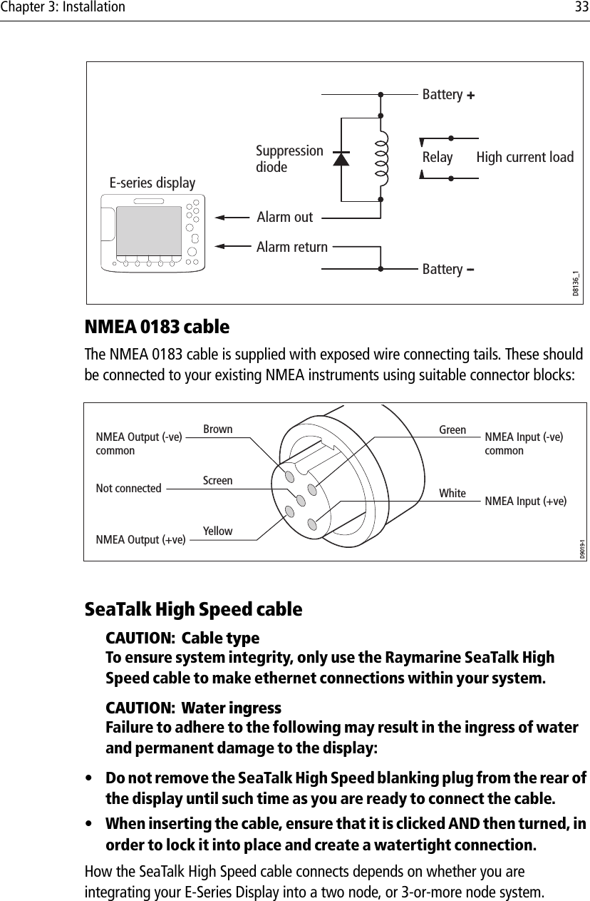 Chapter 3: Installation 33            NMEA 0183 cable The NMEA 0183 cable is supplied with exposed wire connecting tails. These should be connected to your existing NMEA instruments using suitable connector blocks:            SeaTalk High Speed cableCAUTION:  Cable typeTo ensure system integrity, only use the Raymarine SeaTalk High Speed cable to make ethernet connections within your system.CAUTION:  Water ingressFailure to adhere to the following may result in the ingress of water and permanent damage to the display:• Do not remove the SeaTalk High Speed blanking plug from the rear of the display until such time as you are ready to connect the cable.• When inserting the cable, ensure that it is clicked AND then turned, in order to lock it into place and create a watertight connection.How the SeaTalk High Speed cable connects depends on whether you are integrating your E-Series Display into a two node, or 3-or-more node system.High current loadBattery +Battery --Alarm returnAlarm outRelaySuppressiondiodeE-series displayD8136_1D9019-1Not connectedBrown NMEA Input (-ve)commonNMEA Output (-ve)commonNMEA Output (+ve)NMEA Input (+ve)GreenScreenYellowWhite