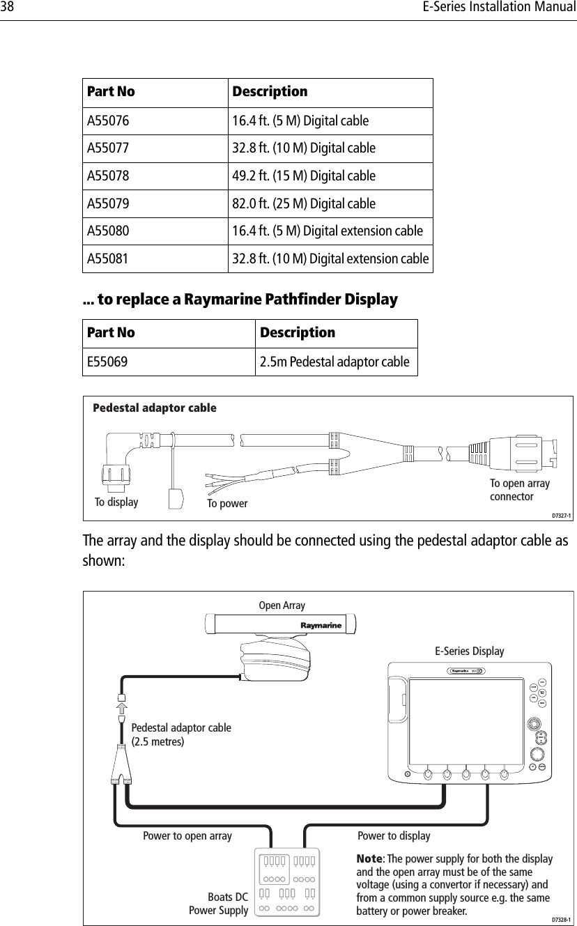 38 E-Series Installation Manual... to replace a Raymarine Pathfinder Display                        The array and the display should be connected using the pedestal adaptor cable as shown:            Part No DescriptionA55076 16.4 ft. (5 M) Digital cableA55077 32.8 ft. (10 M) Digital cableA55078 49.2 ft. (15 M) Digital cableA55079 82.0 ft. (25 M) Digital cableA55080 16.4 ft. (5 M) Digital extension cableA55081 32.8 ft. (10 M) Digital extension cablePart No DescriptionE55069 2.5m Pedestal adaptor cablePedestal adaptor cableD7327-1To displayTo open arrayconnectorTo powerPedestal adaptor cable(2.5 metres)PAGEACTIVEWPTSMOBMENUDATACANCELOKRANGEINOUTD7328-1Open ArrayBoats DCPower SupplyE-Series DisplayPower to displayPower to open arrayNote: The power supply for both the display and the open array must be of the same voltage (using a convertor if necessary) and from a common supply source e.g. the same battery or power breaker.