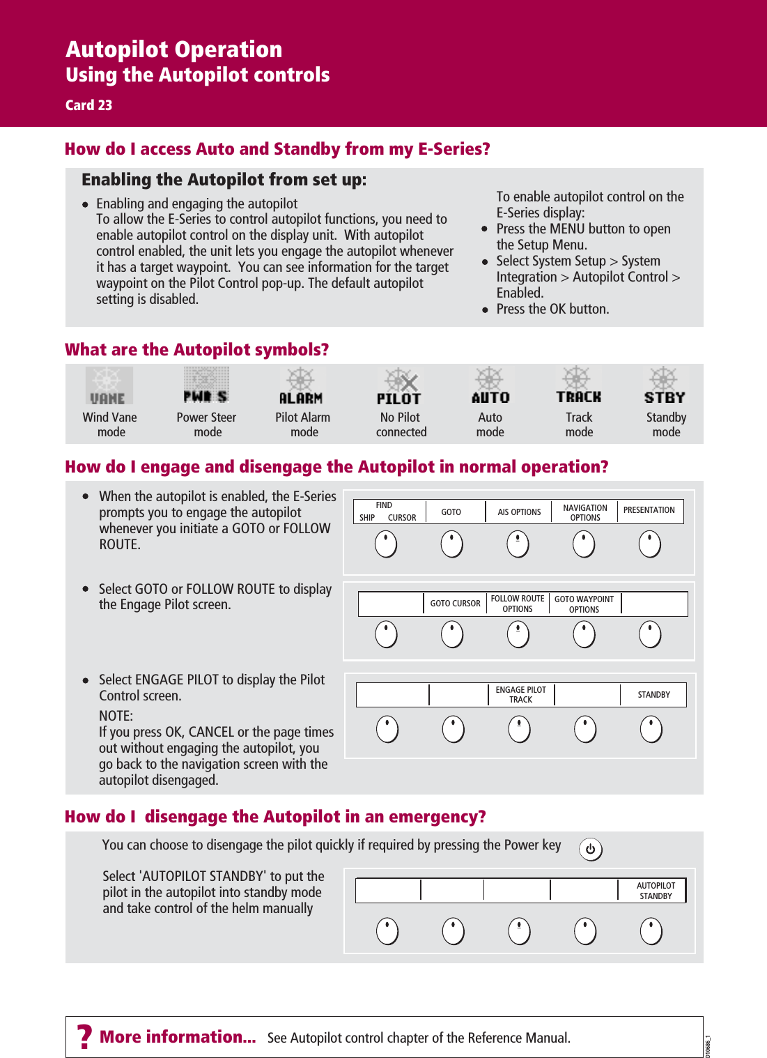 Autopilot OperationUsing the Autopilot controlsCard 23AUTOHow do I engage and disengage the Autopilot in normal operation? When the autopilot is enabled, the E-Series prompts you to engage the autopilot whenever you initiate a GOTO or FOLLOW ROUTE.Select GOTO or FOLLOW ROUTE to display the Engage Pilot screen.Select ENGAGE PILOT to display the Pilot Control screen. NOTE: If you press OK, CANCEL or the page times out without engaging the autopilot, you go back to the navigation screen with the autopilot disengaged.GOTO CURSOR FOLLOW ROUTE  OPTIONSGOTO WAYPOINT OPTIONSFINDSHIP CURSOR GOTO AIS OPTIONS PRESENTATIONNAVIGATION OPTIONSSTANDBYENGAGE PILOT TRACKHow do I  disengage the Autopilot in an emergency? You can choose to disengage the pilot quickly if required by pressing the Power keySelect &apos;AUTOPILOT STANDBY&apos; to put the pilot in the autopilot into standby mode and take control of the helm manuallyAUTOPILOT STANDBYD10686_1What are the Autopilot symbols? Wind Vane modePower Steer modePilot Alarm modeNo Pilot connectedAutomodeTrackmodeStandbymodeSee Autopilot control chapter of the Reference Manual.How do I access Auto and Standby from my E-Series?Enabling and engaging the autopilotTo allow the E-Series to control autopilot functions, you need to enable autopilot control on the display unit.  With autopilot control enabled, the unit lets you engage the autopilot whenever it has a target waypoint.  You can see information for the target waypoint on the Pilot Control pop-up. The default autopilot setting is disabled.Enabling the Autopilot from set up: To enable autopilot control on the E-Series display:Press the MENU button to open the Setup Menu.Select System Setup &gt; System Integration &gt; Autopilot Control &gt; Enabled.Press the OK button.?More information...