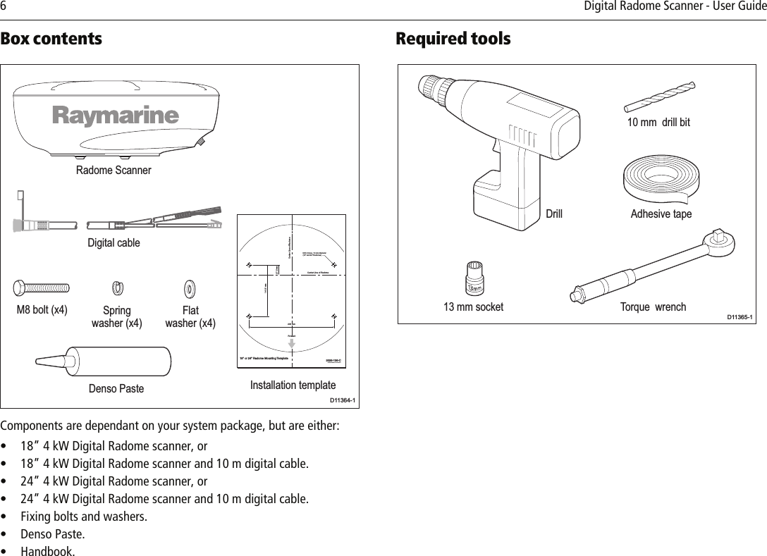 6         Digital Radome Scanner - User Guide Box contents          Components are dependant on your system package, but are either:• 18” 4 kW Digital Radome scanner, or• 18” 4 kW Digital Radome scanner and 10 m digital cable.• 24” 4 kW Digital Radome scanner, or• 24” 4 kW Digital Radome scanner and 10 m digital cable.• Fixing bolts and washers.• Denso Paste.• Handbook.Required tools          Radome ScannerInstallation templateD11364-1Drill 4 holes, 10 mm diameter(18&apos;&apos; and 24&apos;&apos; Radomes)141.5 mm27.5 mm18&apos;&apos; or 24&apos;&apos; Radome Mounting TemplateCenter Line of Radome3026-136-CArtwork Number 3032-866-BCenter Line of RadomeForward233 mmDenso PasteM8 bolt (x4) Springwasher (x4)Flatwasher (x4)Digital cableDrill Adhesive tape10 mm  drill bitTorque  wrench13 mm socketD11365-1