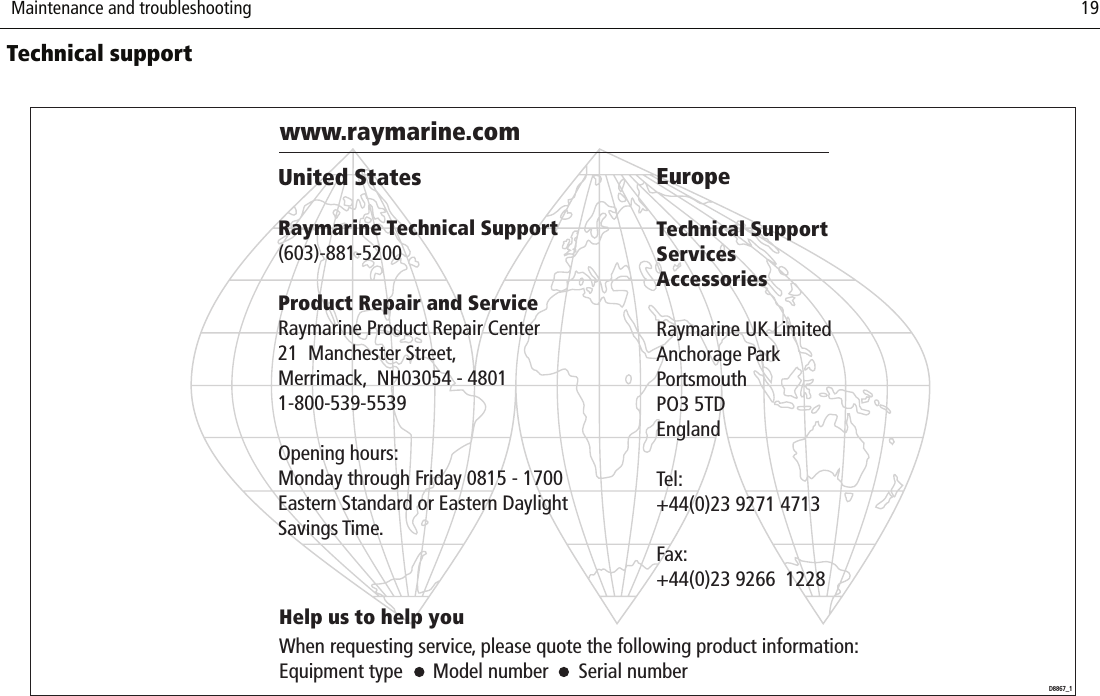  Maintenance and troubleshooting                              19Technical support          www.raymarine.comUnited StatesRaymarine Technical Support(603)-881-5200Product Repair and ServiceRaymarine Product Repair Center21  Manchester Street,Merrimack,  NH03054 - 48011-800-539-5539Opening hours:Monday through Friday 0815 - 1700Eastern Standard or Eastern Daylight Savings Time.EuropeTechnical SupportServicesAccessoriesRaymarine UK LimitedAnchorage ParkPortsmouthPO3 5TDEnglandTel:+44(0)23 9271 4713Fax:+44(0)23 9266  1228Help us to help youWhen requesting service, please quote the following product information:Equipment type      Model number      Serial number  D8867_1