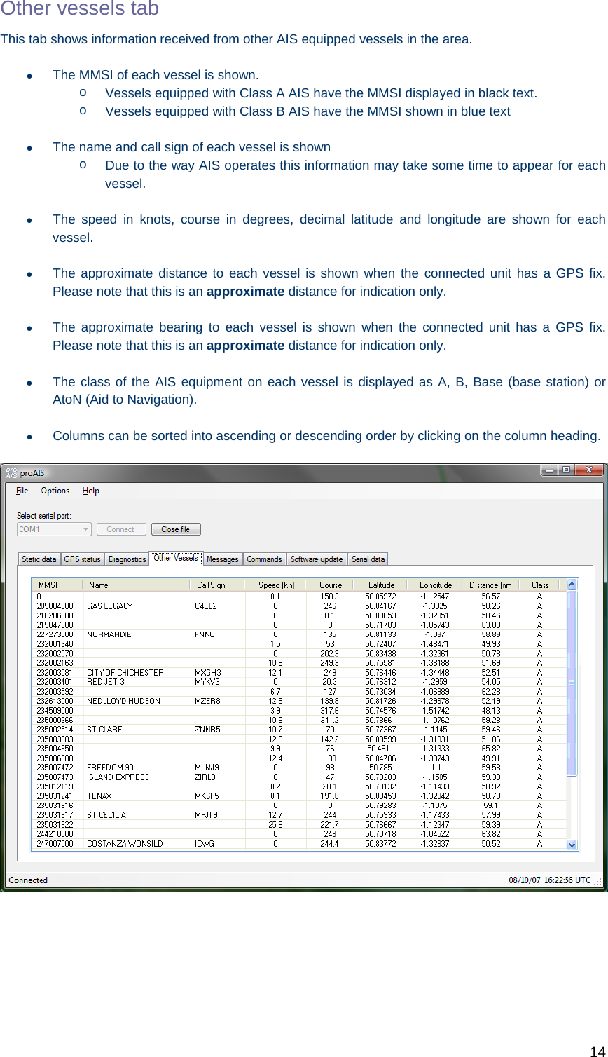   14 Other vessels tab This tab shows information received from other AIS equipped vessels in the area.   The MMSI of each vessel is shown.  o  Vessels equipped with Class A AIS have the MMSI displayed in black text.  o  Vessels equipped with Class B AIS have the MMSI shown in blue text   The name and call sign of each vessel is shown o  Due to the way AIS operates this information may take some time to appear for each vessel.   The speed in knots, course in degrees, decimal latitude and longitude are shown for each vessel.   The approximate distance to each vessel is shown when the connected unit has a GPS fix. Please note that this is an approximate distance for indication only.   The approximate bearing to each vessel is shown when the connected unit has a GPS fix. Please note that this is an approximate distance for indication only.   The class of the AIS equipment on each vessel is displayed as A, B, Base (base station) or AtoN (Aid to Navigation).   Columns can be sorted into ascending or descending order by clicking on the column heading.  