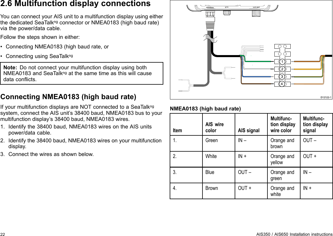 2.6MultifunctiondisplayconnectionsYoucanconnectyourAISunittoamultifunctiondisplayusingeitherthededicatedSeaT alkngconnectororNMEA0183(highbaudrate)viathepower/datacable.Followthestepsshownineither:•ConnectingNMEA0183(highbaudrate,or•ConnectingusingSeaTalkngNote:DonotconnectyourmultifunctiondisplayusingbothNMEA0183andSeaTalkngatthesametimeasthiswillcausedataconicts.ConnectingNMEA0183(highbaudrate)IfyourmultifunctiondisplaysareNOTconnectedtoaSeaT alkngsystem,connecttheAISunit’s38400baud,NMEA0183bustoyourmultifunctiondisplay’s38400baud,NMEA0183wires.1.Identifythe38400baud,NMEA0183wiresontheAISunitspower/datacable.2.Identifythe38400baud,NMEA0183wiresonyourmultifunctiondisplay.3.Connectthewiresasshownbelow.PWR/Da ta S Tng VHF ANTUS B1234D12 1 2 2-1NMEA0183(highbaudrate)ItemAISwirecolorAISsignalMultifunc-tiondisplaywirecolorMultifunc-tiondisplaysignal1.GreenIN–OrangeandbrownOUT–2.WhiteIN+OrangeandyellowOUT+3.BlueOUT–OrangeandgreenIN–4.BrownOUT+OrangeandwhiteIN+22AIS350/AIS650Installationinstructions