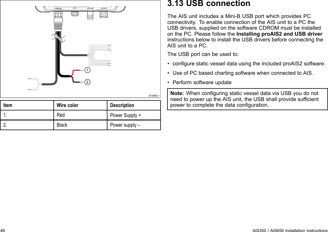 12PWR/Da ta S Tng VHF ANTGP S  ANTUS BD12092-1ItemWirecolorDescription1.RedPowerSupply+2.BlackPowersupply–3.13USBconnectionTheAISunitincludesaMini-BUSBportwhichprovidesPCconnectivity.T oenableconnectionoftheAISunittoaPCtheUSBdrivers,suppliedonthesoftwareCDROMmustbeinstalledonthePC.PleasefollowtheInstallingproAIS2andUSBdriverinstructionsbelowtoinstalltheUSBdriversbeforeconnectingtheAISunittoaPC.TheUSBportcanbeusedto:•congurestaticvesseldatausingtheincludedproAIS2software.•UseofPCbasedchartingsoftwarewhenconnectedtoAIS.•PerformsoftwareupdateNote:WhenconguringstaticvesseldataviaUSByoudonotneedtopoweruptheAISunit,theUSBshallprovidesufcientpowertocompletethedataconguration.48AIS350/AIS650Installationinstructions