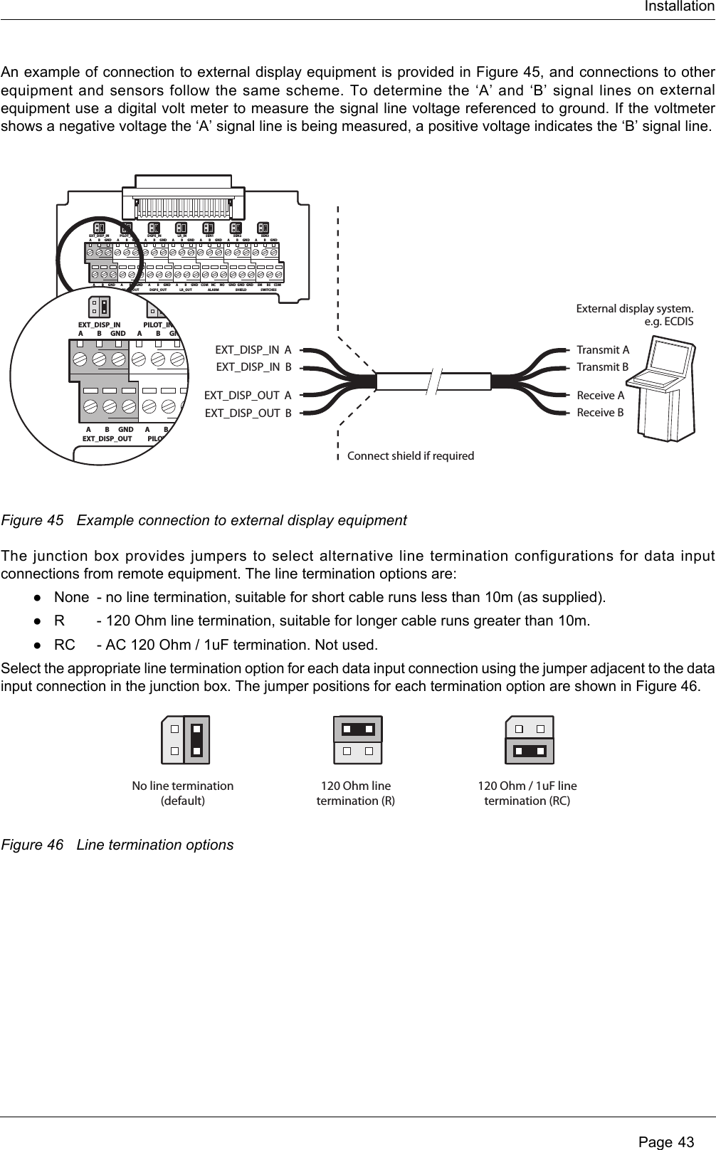 Installation Page 43An example of connection to external display equipment is provided in Figure 45, and connections to other equipment and sensors follow the same scheme. To determine the ‘A’ and ‘B’ signal lines on external equipment use a digital volt meter to measure the signal line voltage referenced to ground. If the voltmeter shows a negative voltage the ‘A’ signal line is being measured, a positive voltage indicates the ‘B’ signal line.Figure 45 Example connection to external display equipmentThe junction box provides jumpers to select alternative line termination configurations for data input connections from remote equipment. The line termination options are:●None - no line termination, suitable for short cable runs less than 10m (as supplied).●R - 120 Ohm line termination, suitable for longer cable runs greater than 10m.●RC - AC 120 Ohm / 1uF termination. Not used.Select the appropriate line termination option for each data input connection using the jumper adjacent to the data input connection in the junction box. The jumper positions for each termination option are shown in Figure 46.Figure 46 Line termination optionsABEXT_DISP_INGND A BPILOT_INGND A BDGPS_INGND A BLR_INGND A BSEN1GND A BSEN2GND A BSEN3GNDABEXT_DISP_OUTGND A BPILOT_OUTGND A BDGPS_OUTGND A BLR_OUTGND COM NCALARMNO GND GNDSHIELDGND SM BSSWITCHESCOMABEXT_DISP_INGND A BPILOT_INGNDABEXT_DISP_OUTGND A BPILOT_OUTGNDTransmit AExternal display system.e.g. ECDISConnect shield if requiredTransmit BReceive AReceive BEXT_DISP_IN  AEXT_DISP_IN  BEXT_DISP_OUT  AEXT_DISP_OUT  BNo line termination(default)120 Ohm linetermination (R)120 Ohm / 1uF linetermination (RC)