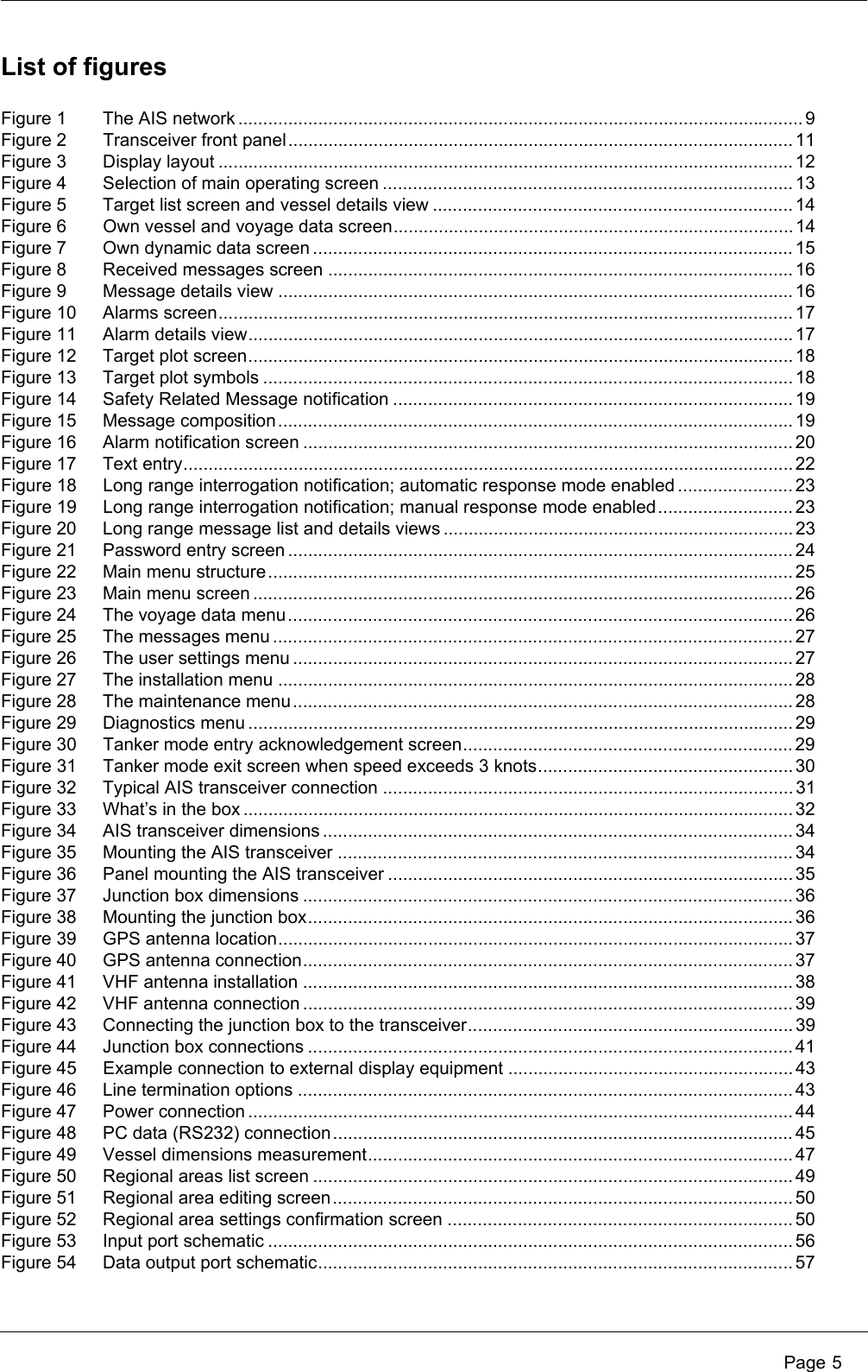  Page 5List of figuresFigure 1 The AIS network ................................................................................................................. 9Figure 2 Transceiver front panel..................................................................................................... 11Figure 3 Display layout ................................................................................................................... 12Figure 4 Selection of main operating screen .................................................................................. 13Figure 5 Target list screen and vessel details view ........................................................................ 14Figure 6 Own vessel and voyage data screen................................................................................ 14Figure 7 Own dynamic data screen ................................................................................................ 15Figure 8 Received messages screen ............................................................................................. 16Figure 9 Message details view ....................................................................................................... 16Figure 10 Alarms screen................................................................................................................... 17Figure 11 Alarm details view............................................................................................................. 17Figure 12 Target plot screen............................................................................................................. 18Figure 13 Target plot symbols .......................................................................................................... 18Figure 14 Safety Related Message notification ................................................................................ 19Figure 15 Message composition....................................................................................................... 19Figure 16 Alarm notification screen .................................................................................................. 20Figure 17 Text entry.......................................................................................................................... 22Figure 18 Long range interrogation notification; automatic response mode enabled ....................... 23Figure 19 Long range interrogation notification; manual response mode enabled........................... 23Figure 20 Long range message list and details views ...................................................................... 23Figure 21 Password entry screen ..................................................................................................... 24Figure 22 Main menu structure......................................................................................................... 25Figure 23 Main menu screen ............................................................................................................ 26Figure 24 The voyage data menu..................................................................................................... 26Figure 25 The messages menu ........................................................................................................ 27Figure 26 The user settings menu .................................................................................................... 27Figure 27 The installation menu ....................................................................................................... 28Figure 28 The maintenance menu.................................................................................................... 28Figure 29 Diagnostics menu ............................................................................................................. 29Figure 30 Tanker mode entry acknowledgement screen.................................................................. 29Figure 31 Tanker mode exit screen when speed exceeds 3 knots...................................................30Figure 32 Typical AIS transceiver connection .................................................................................. 31Figure 33 What’s in the box .............................................................................................................. 32Figure 34 AIS transceiver dimensions .............................................................................................. 34Figure 35 Mounting the AIS transceiver ...........................................................................................34Figure 36 Panel mounting the AIS transceiver ................................................................................. 35Figure 37 Junction box dimensions .................................................................................................. 36Figure 38 Mounting the junction box................................................................................................. 36Figure 39 GPS antenna location....................................................................................................... 37Figure 40 GPS antenna connection.................................................................................................. 37Figure 41 VHF antenna installation .................................................................................................. 38Figure 42 VHF antenna connection .................................................................................................. 39Figure 43 Connecting the junction box to the transceiver................................................................. 39Figure 44 Junction box connections .................................................................................................41Figure 45 Example connection to external display equipment ......................................................... 43Figure 46 Line termination options ................................................................................................... 43Figure 47 Power connection ............................................................................................................. 44Figure 48 PC data (RS232) connection............................................................................................ 45Figure 49 Vessel dimensions measurement..................................................................................... 47Figure 50 Regional areas list screen ................................................................................................ 49Figure 51 Regional area editing screen............................................................................................ 50Figure 52 Regional area settings confirmation screen ..................................................................... 50Figure 53 Input port schematic ......................................................................................................... 56Figure 54 Data output port schematic............................................................................................... 57