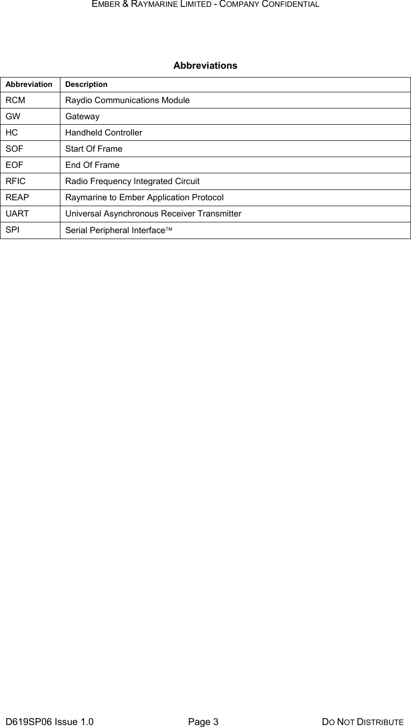 EMBER &amp; RAYMARINE LIMITED - COMPANY CONFIDENTIAL D619SP06 Issue 1.0  Page 3  DO NOT DISTRIBUTE  Abbreviations Abbreviation Description RCM Raydio Communications Module GW Gateway HC Handheld Controller SOF  Start Of Frame EOF End Of Frame RFIC  Radio Frequency Integrated Circuit REAP  Raymarine to Ember Application Protocol UART Universal Asynchronous Receiver Transmitter SPI  Serial Peripheral Interface  