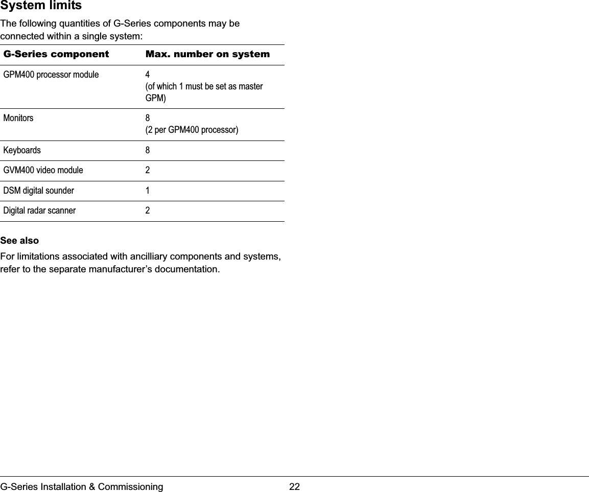 G-Series Installation &amp; Commissioning 22System limitsThe following quantities of G-Series components may be connected within a single system:See alsoFor limitations associated with ancilliary components and systems, refer to the separate manufacturer’s documentation.G-Series component Max. number on systemGPM400 processor module 4(of which 1 must be set as master GPM)Monitors 8(2 per GPM400 processor)Keyboards 8GVM400 video module 2DSM digital sounder 1Digital radar scanner 2