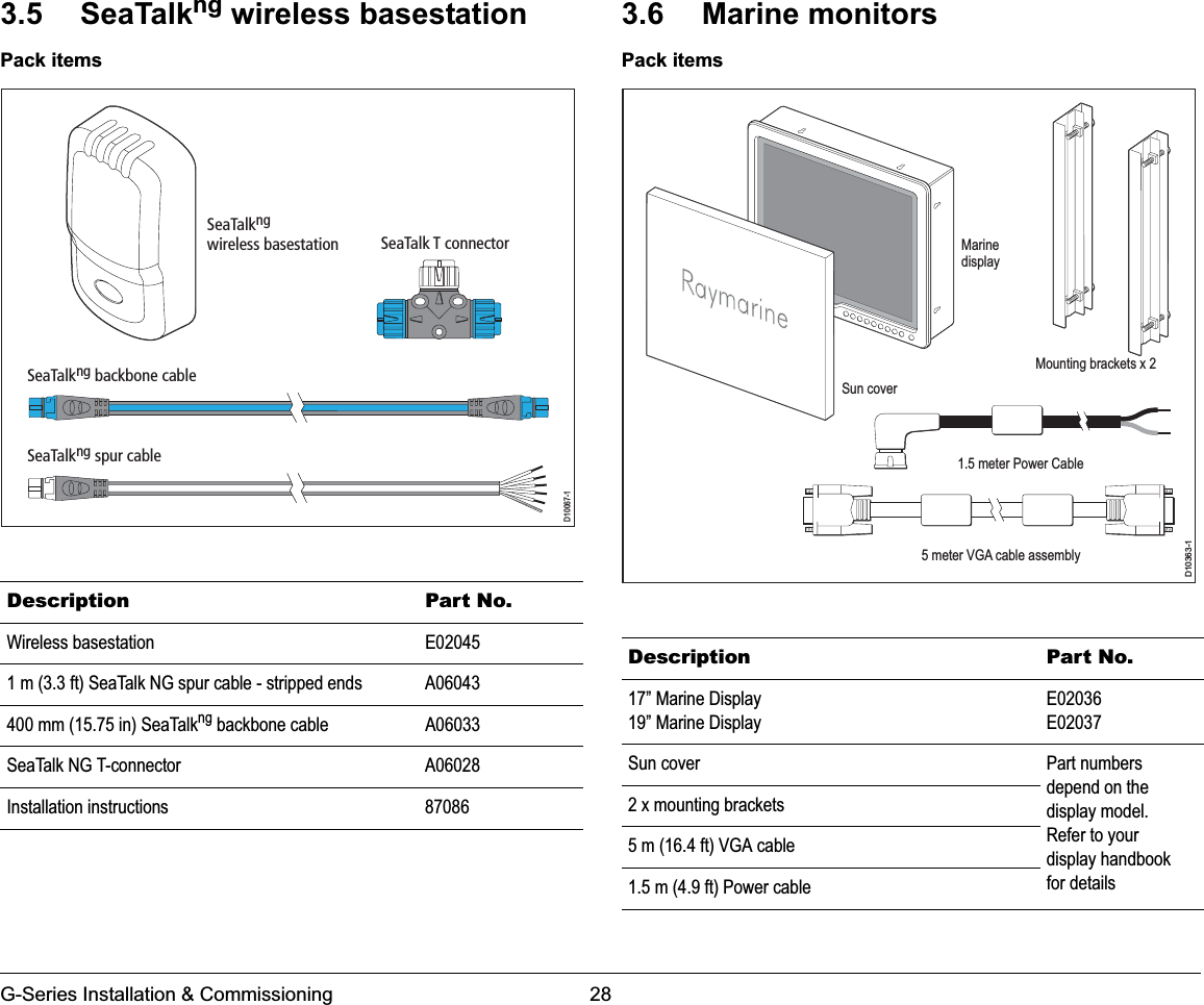 G-Series Installation &amp; Commissioning 283.5 SeaTalkng wireless basestationPack items3.6 Marine monitorsPack itemsDescription Part No.Wireless basestation E020451 m (3.3 ft) SeaTalk NG spur cable - stripped ends A06043400 mm (15.75 in) SeaTalkng backbone cable A06033SeaTalk NG T-connector A06028Installation instructions 87086SeaTalkng backbone cableSeaTalkng spur cableSeaTalk T connectorD10067-1SeaTalkngwireless basestationDescription Part No.17” Marine Display19” Marine DisplayE02036E02037Sun cover Part numbers depend on the display model.Refer to your display handbook for details2 x mounting brackets5 m (16.4 ft) VGA cable1.5 m (4.9 ft) Power cableMarinedisplaySun cover1.5 meter Power Cable5 meter VGA cable assemblyMounting brackets x 2D10363-1