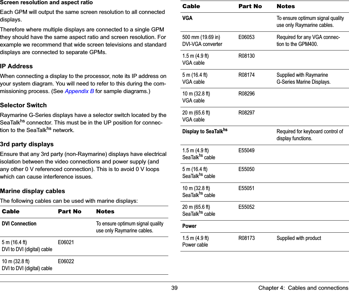 39 Chapter 4:  Cables and connectionsScreen resolution and aspect ratioEach GPM will output the same screen resolution to all connected displays.Therefore where multiple displays are connected to a single GPM they should have the same aspect ratio and screen resolution. For example we recommend that wide screen televisions and standard displays are connected to separate GPMs.IP AddressWhen connecting a display to the processor, note its IP address on your system diagram. You will need to refer to this during the com-missioning process. (See Appendix B for sample diagrams.)Selector SwitchRaymarine G-Series displays have a selector switch located by the SeaTalkhs connector. This must be in the UP position for connec-tion to the SeaTalkhs network.3rd party displaysEnsure that any 3rd party (non-Raymarine) displays have electrical isolation between the video connections and power supply (and any other 0 V referenced connection). This is to avoid 0 V loops which can cause interference issues.Marine display cablesThe following cables can be used with marine displays:Cable Part No NotesDVI Connection To ensure optimum signal quality use only Raymarine cables.5 m (16.4 ft)DVI to DVI (digital) cableE0602110 m (32.8 ft)DVI to DVI (digital) cableE06022VGA To ensure optimum signal quality use only Raymarine cables.500 mm (19.69 in)DVI-VGA converterE06053 Required for any VGA connec-tion to the GPM400.1.5 m (4.9 ft)VGA cableR081305 m (16.4 ft)VGA cableR08174 Supplied with Raymarine G-Series Marine Displays.10 m (32.8 ft)VGA cableR0829620 m (65.6 ft)VGA cableR08297Display to SeaTalkhs Required for keyboard control of display functions.1.5 m (4.9 ft)SeaTalkhs cableE550495 m (16.4 ft)SeaTalkhs cableE5505010 m (32.8 ft)SeaTalkhs cableE5505120 m (65.6 ft)SeaTalkhs cableE55052Power1.5 m (4.9 ft)Power cableR08173 Supplied with productCable Part No Notes