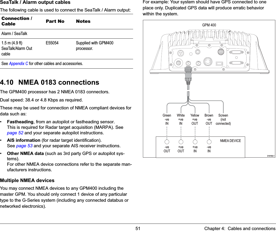 51 Chapter 4:  Cables and connectionsSeaTalk / Alarm output cablesThe following cable is used to connect the SeaTalk / Alarm output:4.10 NMEA 0183 connectionsThe GPM400 processor has 2 NMEA 0183 connectors.Dual speed: 38.4 or 4.8 Kbps as required.These may be used for connection of NMEA compliant devices for data such as:•Fastheading, from an autopilot or fastheading sensor.This is required for Radar target acquisition (MARPA). See page 52 and your separate autopilot instructions.•AIS information (for radar target identification).See page 53 and your separate AIS receiver instructions.•Other NMEA data (such as 3rd party GPS or autopilot sys-tems).For other NMEA device connections refer to the separate man-ufacturers instructions.Multiple NMEA devicesYou may connect NMEA devices to any GPM400 including the master GPM. You should only connect 1 device of any particular type to the G-Series system (including any connected databus or networked electronics).For example: Your system should have GPS connected to one place only. Duplicated GPS data will produce erratic behavior within the system.Connection / Cable Part No NotesAlarm / SeaTalk1.5 m (4.9 ft)SeaTalk/Alarm Out cableE55054 Supplied with GPM400 processor.See Appendix C for other cables and accessories.GPM 400D10193-1Green-veINWhite+veINYellow+veOUTBrown-veOUTScreen(notconnected)NMEA DEVICE-veOUT+veOUT+veIN-veIN