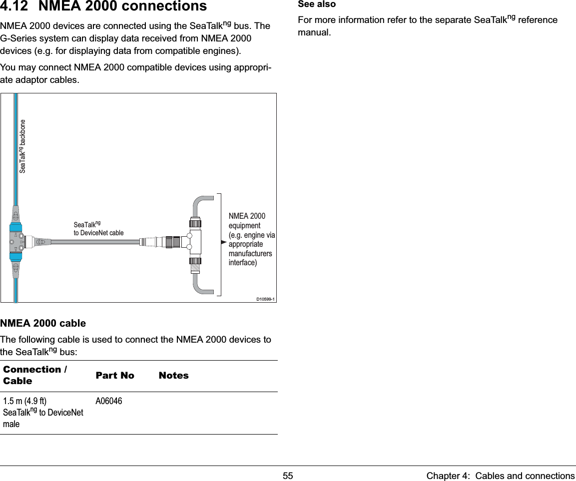 55 Chapter 4:  Cables and connections4.12 NMEA 2000 connectionsNMEA 2000 devices are connected using the SeaTalkng bus. The G-Series system can display data received from NMEA 2000 devices (e.g. for displaying data from compatible engines).You may connect NMEA 2000 compatible devices using appropri-ate adaptor cables.NMEA 2000 cableThe following cable is used to connect the NMEA 2000 devices to the SeaTalkng bus:See alsoFor more information refer to the separate SeaTalkng reference manual.Connection / Cable Part No Notes1.5 m (4.9 ft)SeaTalkng to DeviceNet maleA06046SeaTalkngto DeviceNet cableSeaTalkng backboneNMEA 2000equipment(e.g. engine viaappropriatemanufacturersinterface)D10599-1