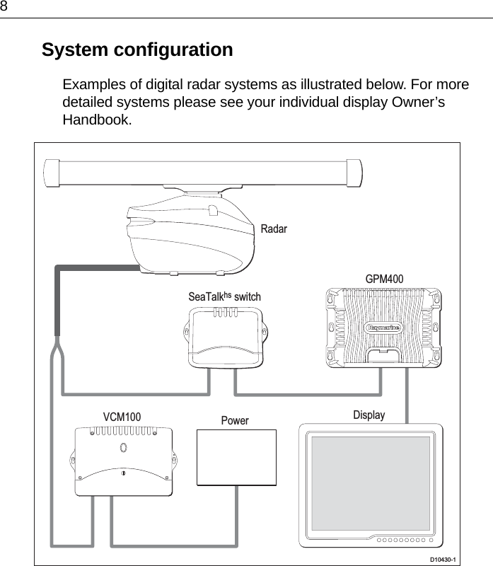 8System configurationExamples of digital radar systems as illustrated below. For more detailed systems please see your individual display Owner’s Handbook.D10430-1GPM400RadarPowerVCM100 DisplaySeaTalkhs switch