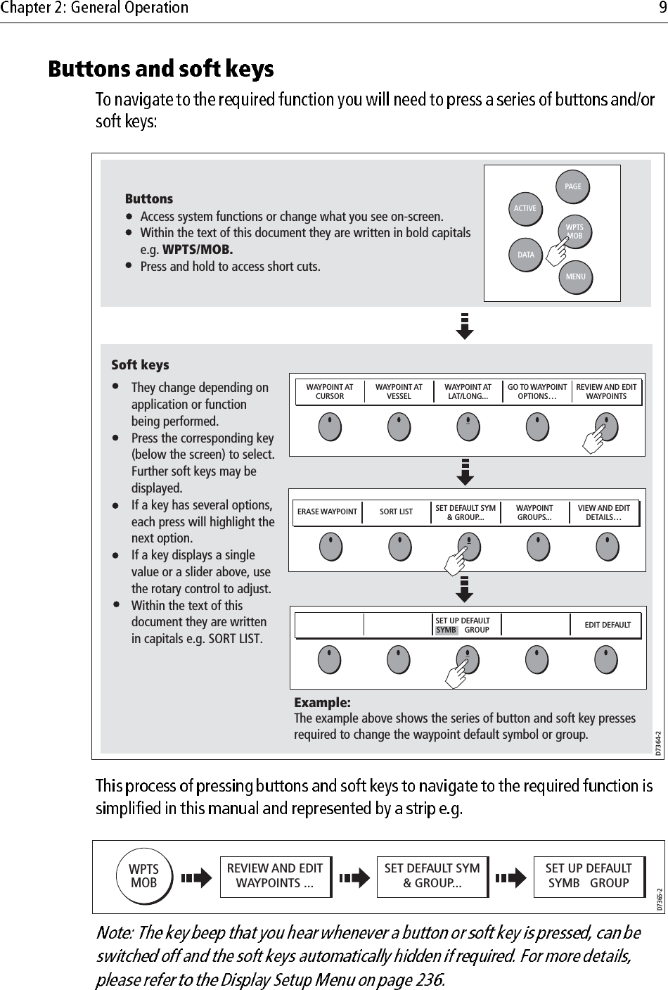                         WAYPOINT ATCURSORWAYPOINT ATVESSELWAYPOINT ATLAT/LONG...GO TO WAYPOINTOPTIONS…REVIEW AND EDITWAYPOINTSERASE WAYPOINT SORT LIST SET DEFAULT SYM&amp; GROUP...WAYPOINTGROUPS...VIEW AND EDITDETAILS…EDIT DEFAULTSET UP DEFAULT SYMB    GROUPD7364-2WPTSMOBPAGEACTIVEMENUDATAExample:The example above shows the series of button and soft key presses required to change the waypoint default symbol or group.Access system functions or change what you see on-screen.Within the text of this document they are written in bold capitals e.g. WPTS/MOB.Press and hold to access short cuts.They change depending on application or function being performed.Press the corresponding key (below the screen) to select.Further soft keys may be displayed.If a key has several options, each press will highlight the next option.If a key displays a single value or a slider above, use the rotary control to adjust.Within the text of this document they are written in capitals e.g. SORT LIST.ButtonsSoft keysWPTSMOBD7365-2REVIEW AND EDITWAYPOINTS ...SET DEFAULT SYM&amp; GROUP...SET UP DEFAULTSYMB   GROUP