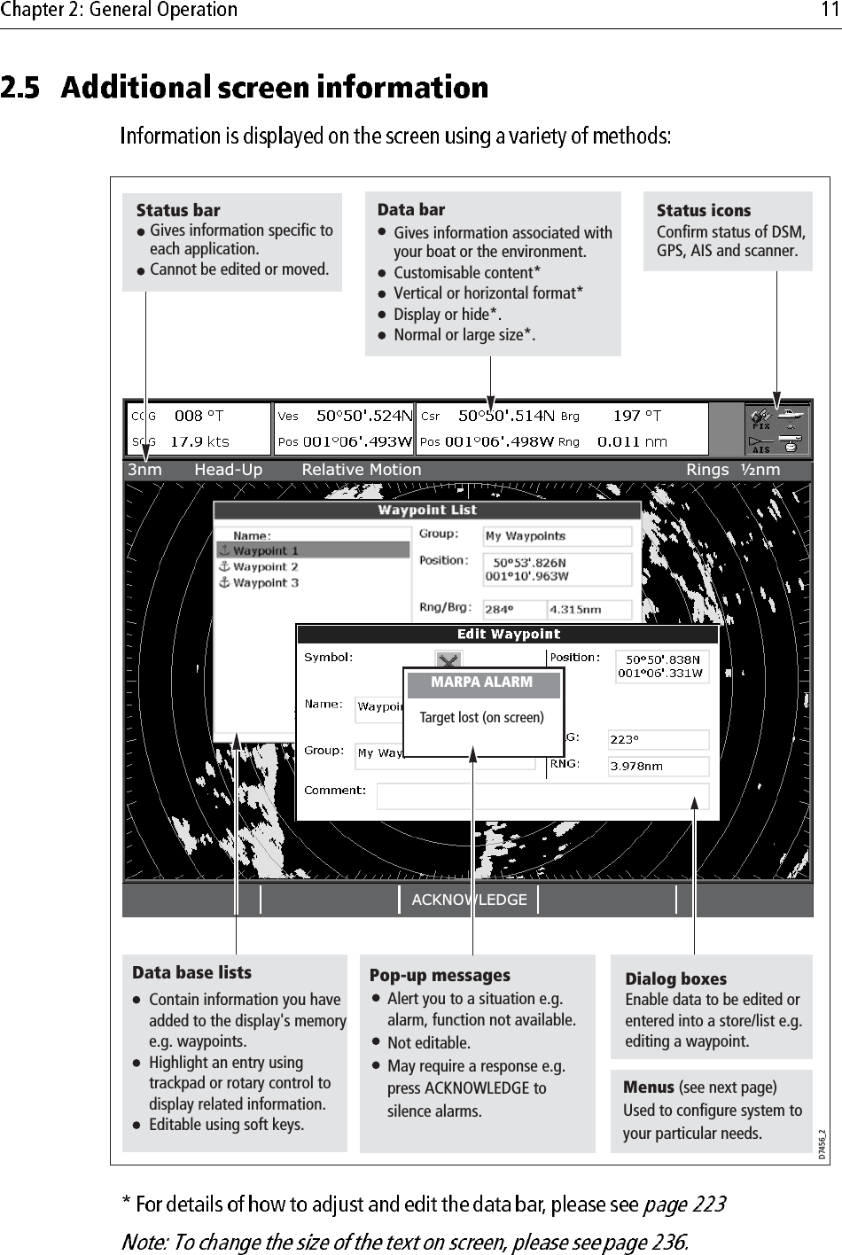             3nm Head-Up Relative Motion Rings  ½nmACKNOWLEDGEStatus iconsConfirm status of DSM, GPS and scanner.Status bar  Gives information specific to    each application.  Cannot be edited or moved.Gives information associated   withyour boat or the environment.Customisable content* Vertical or horizontal format*Display or hide*.Normal or large size*.Data barD7456_1Contain information you have added to the display&apos;s memory e.g. waypoints.Highlight an entry with trackpad or rotary control to display related information.Editable using soft keys.Dialog boxesEnable data to be edited or entered into a store/list e.g. editing a waypoint.Alert you to a situation e.g. alarm, function not available.Not editable.May require a response e.g. press ACKNOWLEDGE to silence alarms. Pop-up messagesMARPA ALARMTarget lost (on screen)Data base lists Menus (see next page)Used to configure system to your particular needs.3nm Head-Up Relative Motion Rings  ½nmACKNOWLEDGEStatus iconsConfirm status of DSM, GPS, AIS and scanner.Status barD7456_2Status bar  Gives information specific to    each application.  Cannot be edited or moved.  Gives information specific to    each application.  Cannot be edited or moved.Gives information associated   withyour boat or the environment.Customisable content* Vertical or horizontal format*Display or hide*.Normal or large size*.Data barContain information you have added to the display&apos;s memory e.g. waypoints.Highlight an entry using trackpad or rotary control to display related information.Editable using soft keys.Dialog boxesEnable data to be edited or entered into a store/list e.g. editing a waypoint.Alert you to a situation e.g. alarm, function not available.Not editable.May require a response e.g. press ACKNOWLEDGE to silence alarms. Pop-up messagesMARPA ALARMTarget lost (on screen)Data base lists Menus (see next page)Used to configure system to your particular needs.