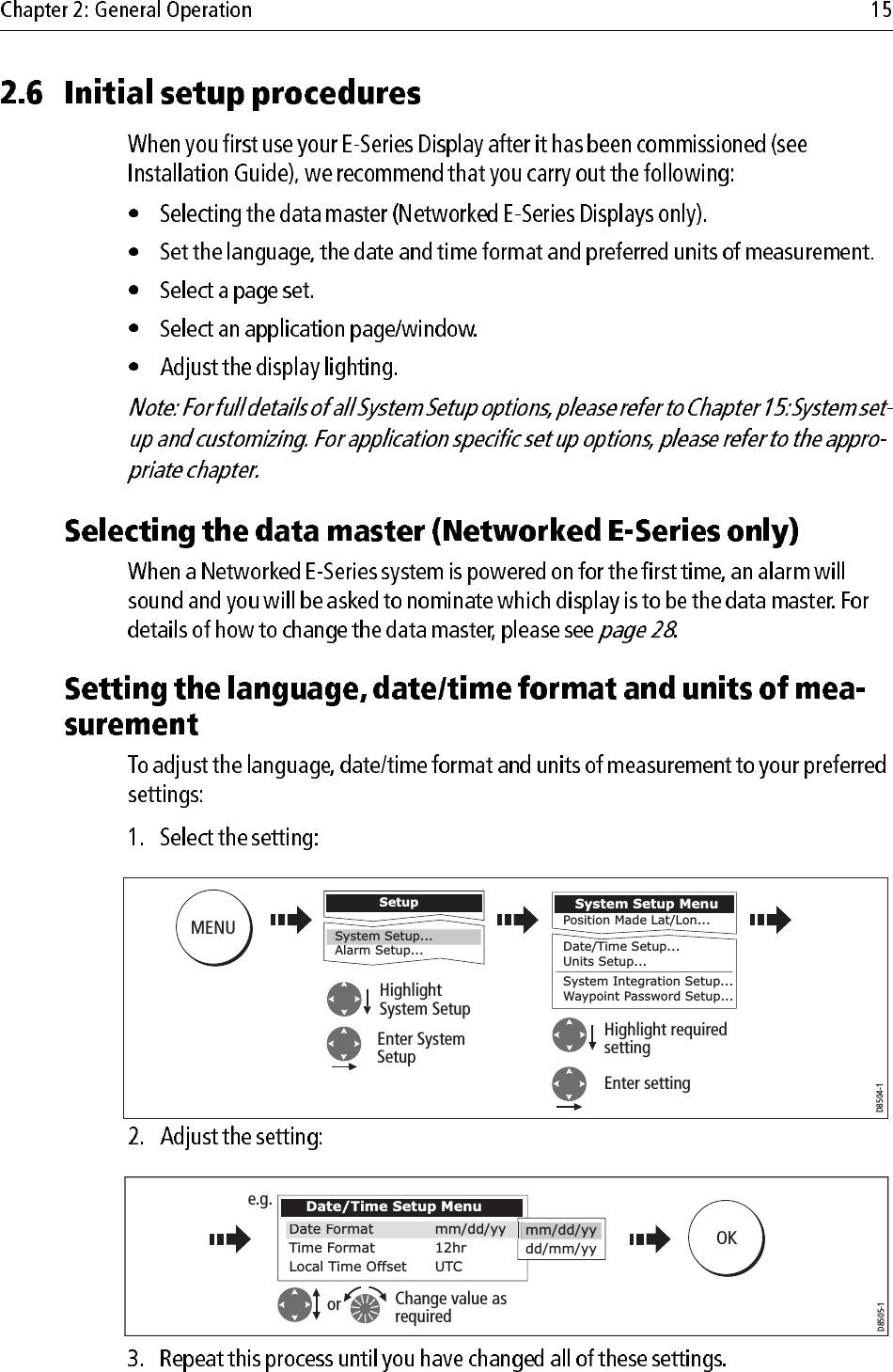                                     SetupSystem Setup...Alarm Setup...System Setup MenuDate/Time Setup...Units Setup...System Integration Setup...Waypoint Password Setup...Position Made Lat/Lon...D8504-1HighlightSystem SetupEnter System SetupHighlight requiredsettingEnter settingMENUD8505-1Change value as requiredOKorTime Format      12hrLocal Time Offset   UTCDate/Time Setup Menudd/mm/yymm/dd/yyDateFormat mm/dd/yye.g.