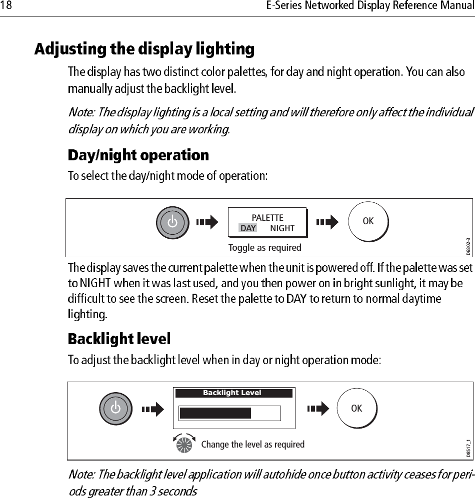                         D6802-3Toggle as required OKPALETTEDAY      NIGHTD8517_1Backlight LevelChange the level as required  OK