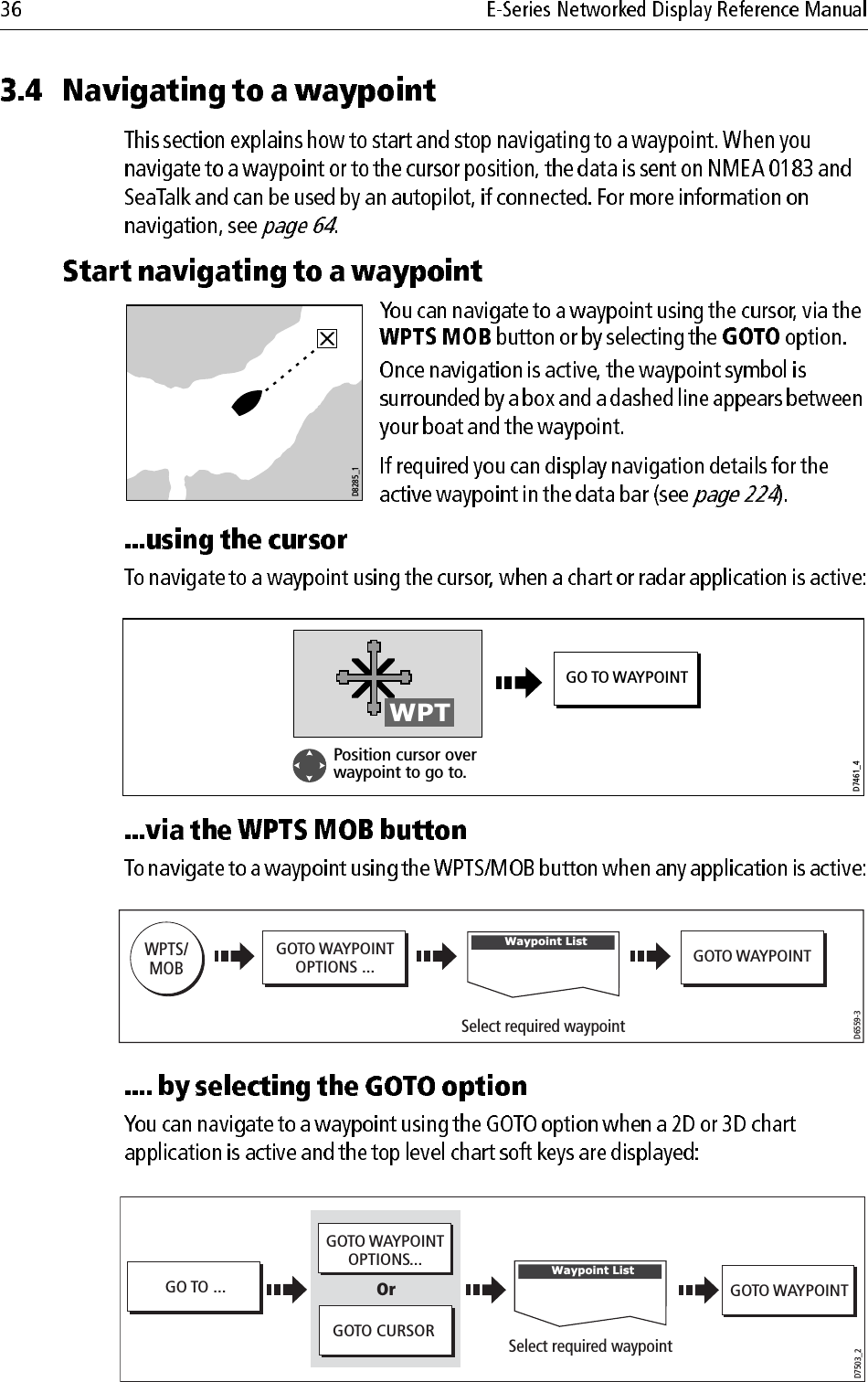                                                 D8285_1GO TO WAYPOINTD7461_4WPTPosition cursor over waypoint to go to.D6559-3WPTS/MOBGOTO WAYPOINTOPTIONS ... GOTO WAYPOINTSelect required waypoint   Waypoint ListGO TO ...D7503_2Select required waypointGOTO WAYPOINTOrGOTO CURSORGOTO WAYPOINTOPTIONS...   Waypoint List