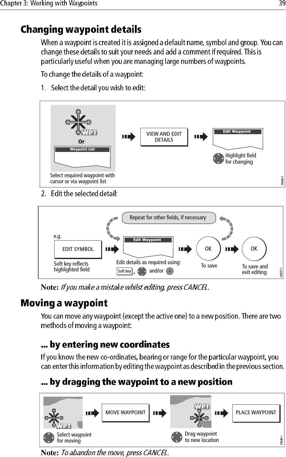                         Note:             Note: Edit WaypointD8286-1WPTOrVIEW AND EDITDETAILS   Waypoint ListSelect required waypoint withcursor or via waypoint listHighlight field for changingEdit WaypointEDIT SYMBOLEdit details as required using: To savee.g.To save andexit editingSoft key reflectshighlighted fieldOK OKRepeat for other fields, if necessary,and/orSoft keyD8287-1D8288-1WPTMOVE WAYPOINT PLACE WAYPOINTSelect waypointfor movingDrag waypointto new locationWPTWPT