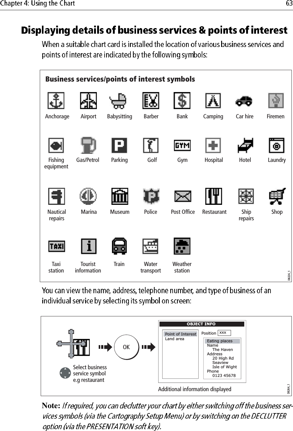                                     Note: Business services/points of interest symbolsAirport Babysitting Barber Bank Camping Car hireFishingequipmentParkingFiremenGas/PetrolMarinaNauticalrepairsLaundryHotelHospitalGymGolfPost OfficePoliceMuseumAnchorageWatertransportTrainTouristinformationTaxistationShopShiprepairsRestaurantWeatherstationD8226_1D8264_1OKSelect business service symbol e.g restaurantOBJECT INFOLand areaName    The HavenAddress    20 High Rd    Seaview    Isle of WightPhone    0123 45678Position xxxPointof InterestEating placesAdditional information displayed