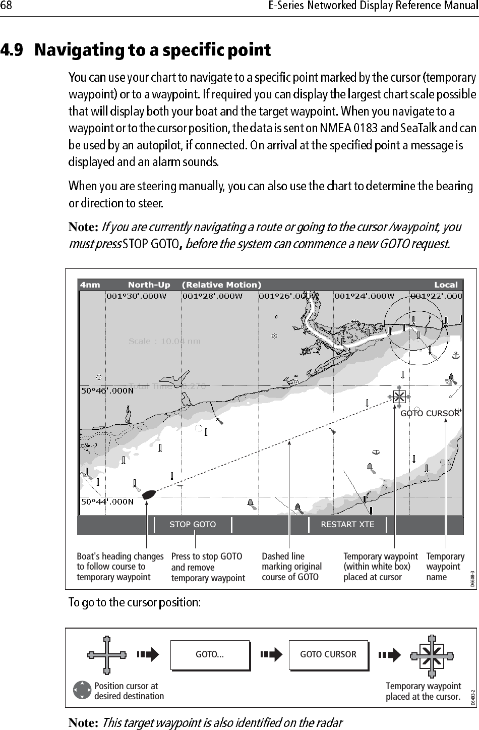 Note:                         Note: D6608-3GOTO CURSORSTOP GOTO RESTART XTE4nm North-Up (Relative Motion) LocalBoat&apos;s heading changes to follow course to temporary waypointPress to stop GOTO and remove temporary waypointDashed line marking original course of GOTOTemporary waypoint (within white box) placed at cursorTemporary waypoint nameGOTO...D6493-2GOTO CURSORPosition cursor at desired destinationTemporary waypointplaced at the cursor.