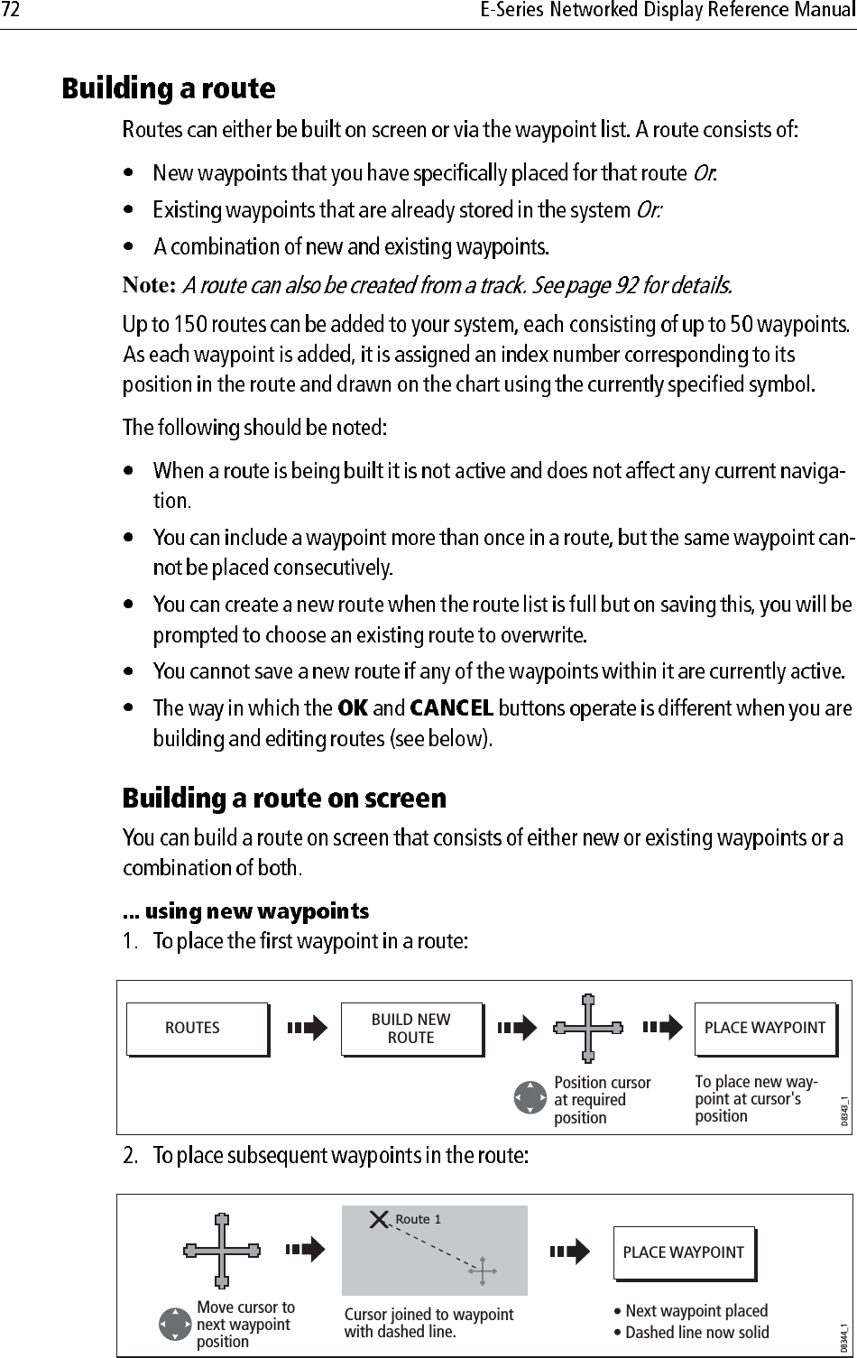 Note:                         ROUTESD8343_1PLACE WAYPOINTBUILD NEWROUTEPosition cursor at required positionTo place new way-point at cursor&apos;s positionD8344_1PLACE WAYPOINTMove cursor to next waypoint positionNext waypoint placed Dashed line now solidCursor joined to waypoint with dashed line. Route 1