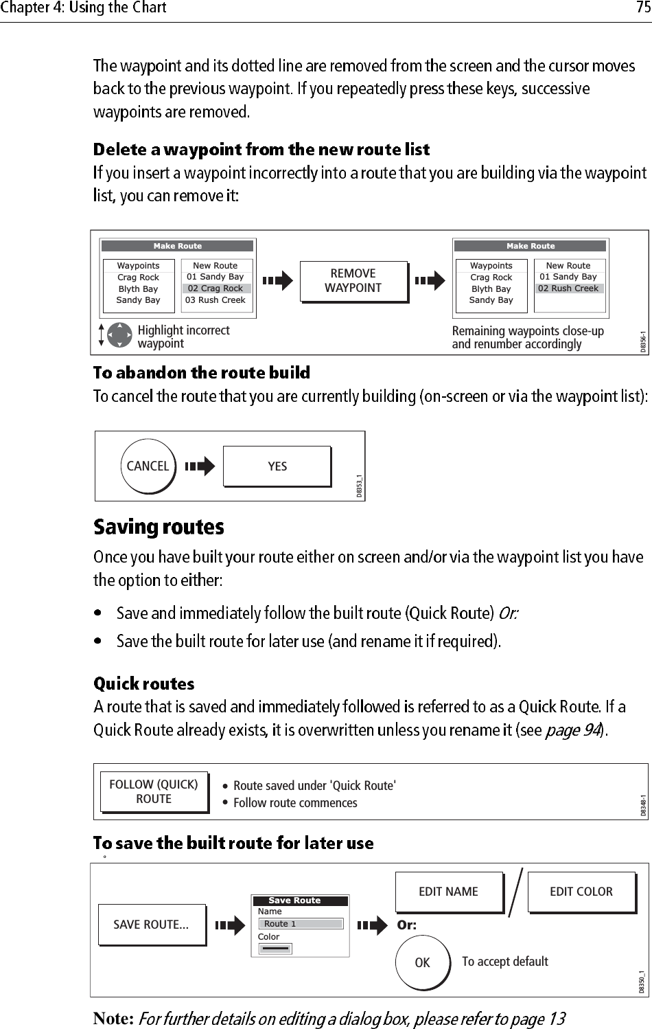                                                 oNote: D8356-1REMOVEWAYPOINTHighlight incorrect waypoint Remaining waypoints close-up and renumber accordinglyMake RouteNew Route01 Sandy Bay02 Crag Rock03 Rush CreekWaypointsCrag RockBlyth BaySandy BayMake RouteNew Route01 Sandy Bay02 Rush CreekWaypointsCrag RockBlyth BaySandy BayD8353_1CANCELYESD8348-1FOLLOW (QUICK)ROUTERoute saved under &apos;Quick Route&apos;Follow route commencesD8350_1SAVE ROUTE...EDIT NAME EDIT COLORTo accept defaultSave RouteRoute1NameColorOKOr: