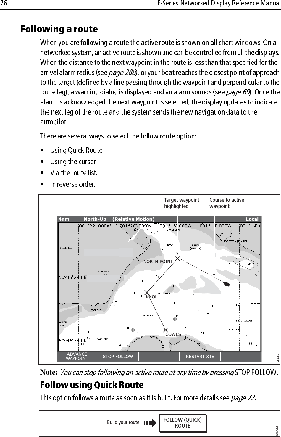             Note:             NORTH POINTKNOLLCOWES4nm North-Up (Relative Motion) Local D6606-2ADVANCEWAYPOINT STOP FOLLOW RESTART XTETarget waypoint highlightedCourse to active waypointD6542-2Build your routeFOLLOW (QUICK)ROUTE