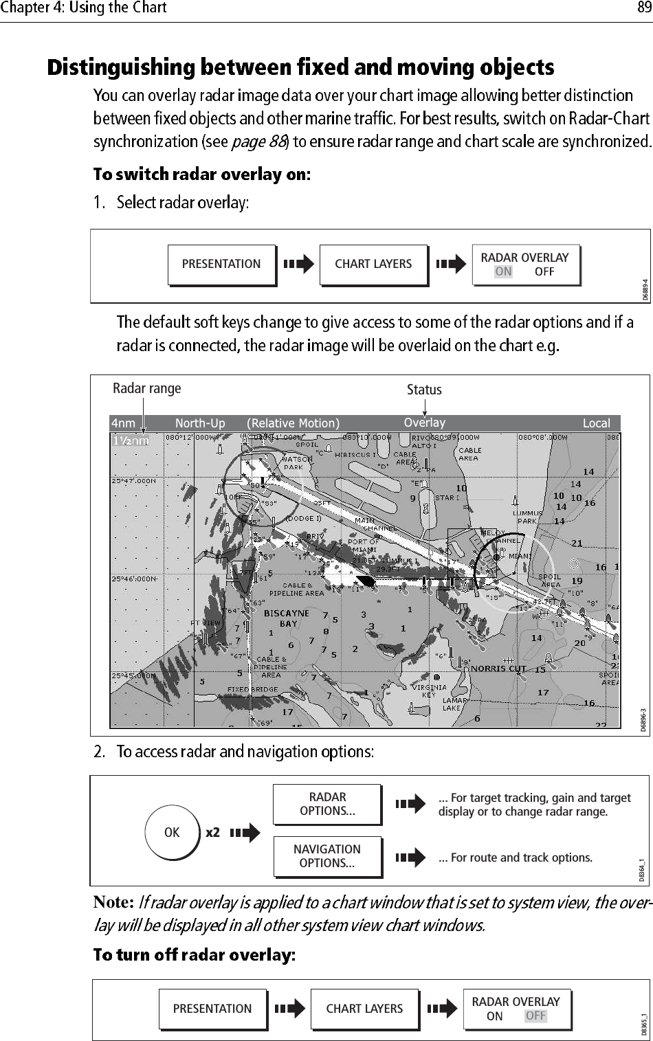                                     Note:             PRESENTATION CHART LAYERS RADAR OVERLAYD6889-4ONRadar rangeD6896-3Status4nm North-Up (Relative Motion) LocalOverlayD8364_1OK x2NAVIGATIONOPTIONS...RADAROPTIONS...... For route and track options. ... For target tracking, gain and target display or to change radar range. PRESENTATION CHART LAYERS RADAR OVERLAYOFFD8365_1