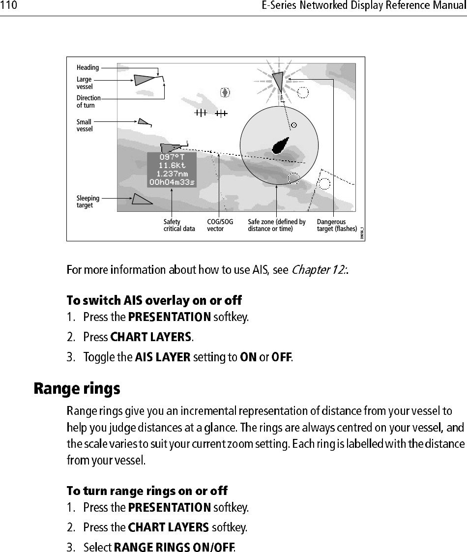 D9056_1097°T11.6kt1.237nm00h04m33sSafetycritical dataHeadingLargevesselDirectionof turnSmallvesselCOG/SOGvectorSafe zone (defined bydistance or time)Dangeroustarget (flashes)Sleepingtarget