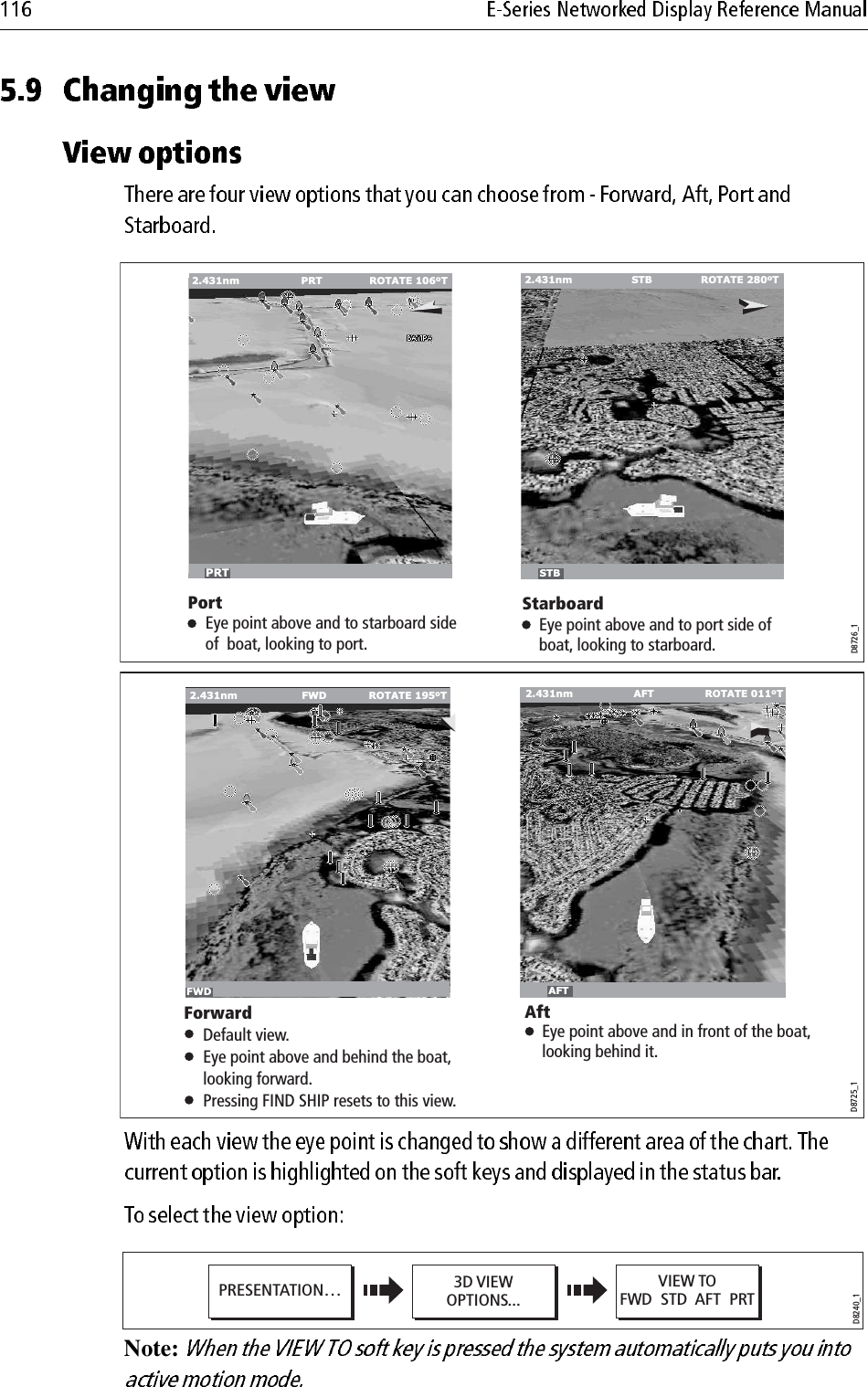                                                 Note: AFTPRTPRT ROTATE 106oT2.431nmEye point above and to starboard side of  boat, looking to port.STB ROTATE 280oT2.431nmAFTD8726_1STBEye point above and to port side of boat, looking to starboard.Port StarboardFWD ROTATE 195oT2.431nmFWDDefault view.Eye point above and behind the boat, looking forward.Pressing FIND SHIP resets to this view.AFT ROTATE 011oTEye point above and in front of the boat, looking behind it.D8725_1AFT2.431nmForward AftD8240_13D VIEWOPTIONS...PRESENTATION… VIEW TOFWD  STD  AFT  PRT
