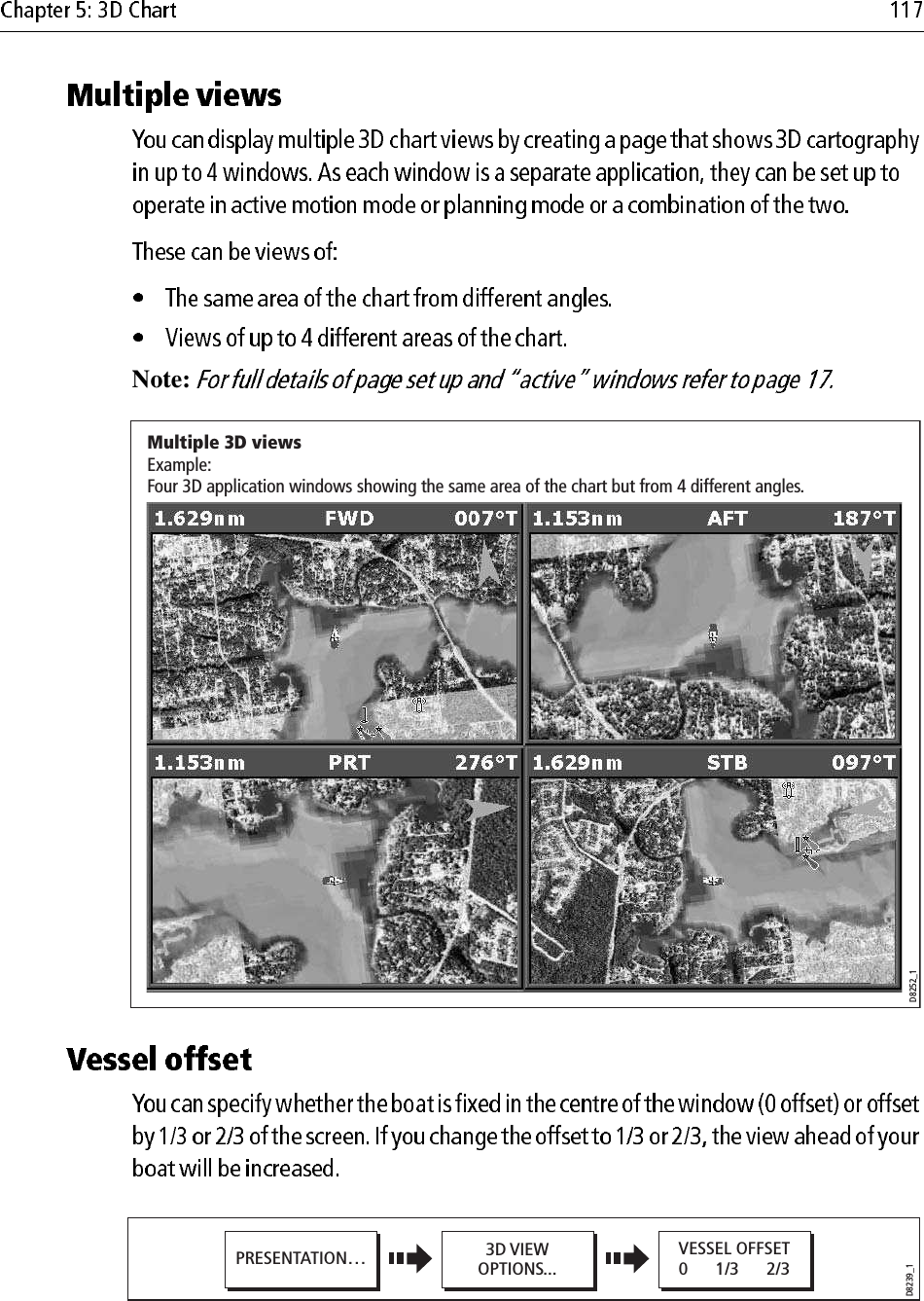 Note:                         D8252_1Multiple 3D viewsExample:Four 3D application windows showing the same area of the chart but from 4 different angles.  D8239_13D VIEWOPTIONS...PRESENTATION… VESSEL OFFSET0      1/3      2/3