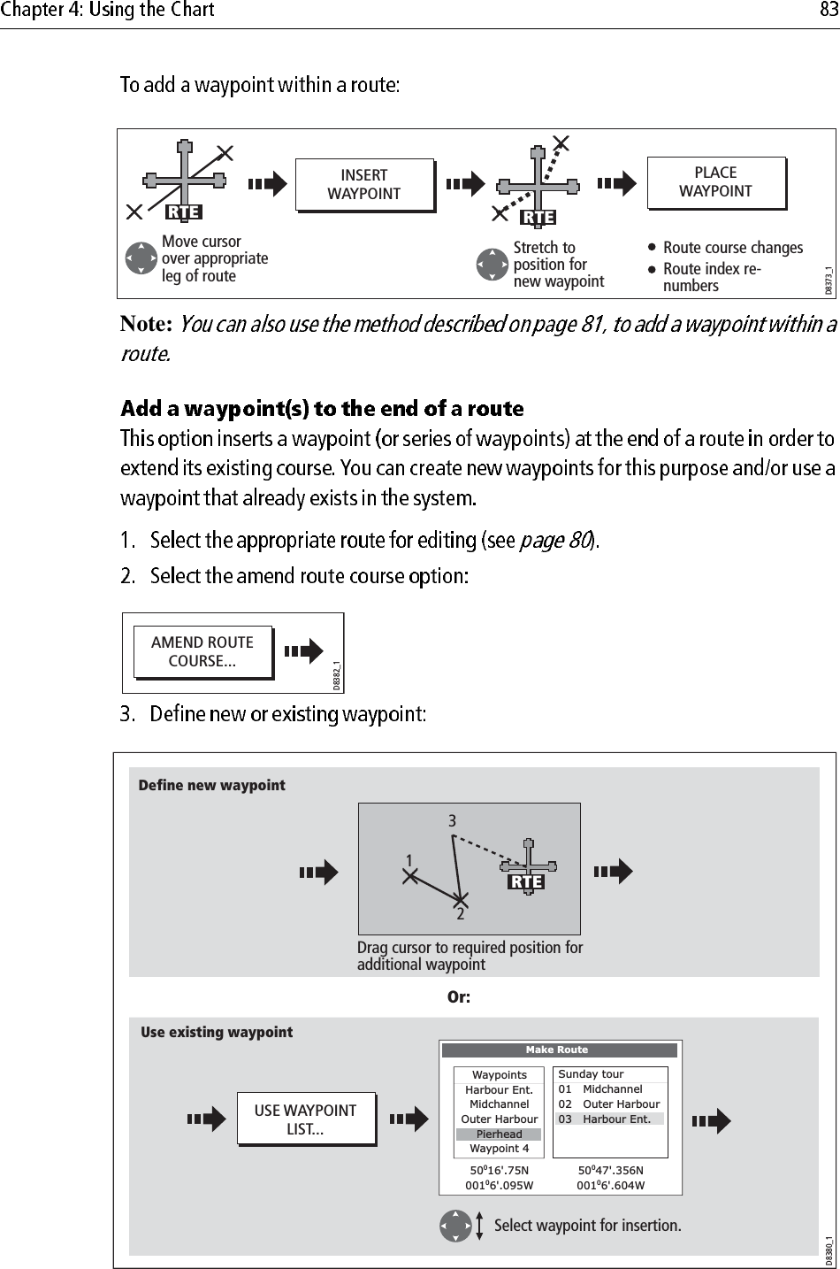             Note:                         D8373_1INSERTWAYPOINTPLACEWAYPOINTMove cursor over appropriate leg of routeStretch to position for new waypoint Route course changesRoute index re-numbersRTE RTED8382_1AMEND ROUTECOURSE...D8380_1USE WAYPOINTLIST...Or:Define new waypointUse existing waypointSelect waypoint for insertion.Make RouteWaypointsHarbour Ent.MidchannelOuter HarbourWaypoint 450016&apos;.75N00106&apos;.095W50047&apos;.356N00106&apos;.604WPierheadSunday tour01   Midchannel02   Outer Harbour03   Harbour Ent.Drag cursor to required position for additional waypoint123RTE