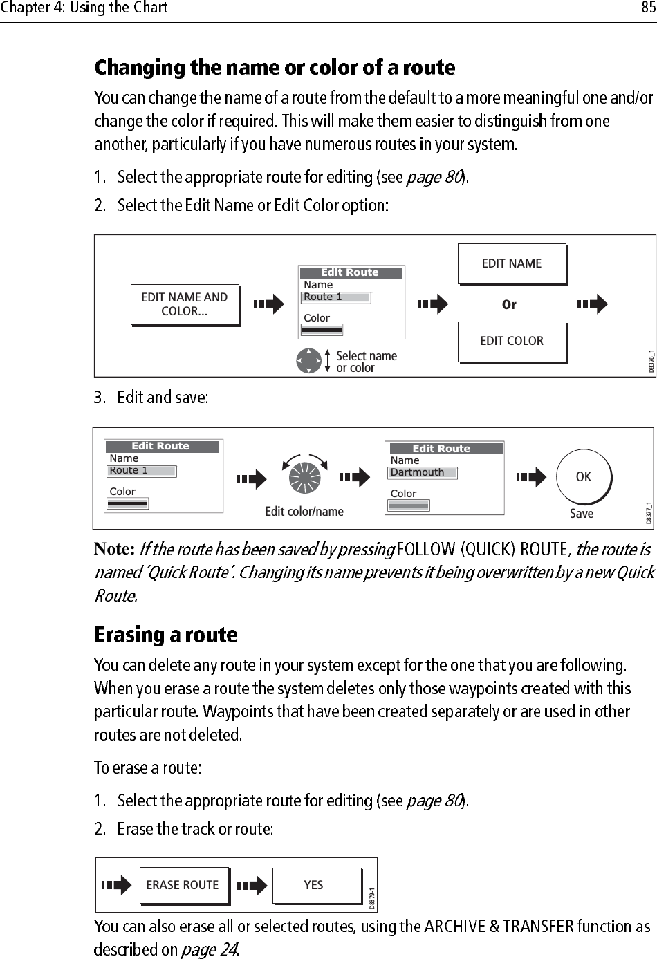                         Note:             EDIT NAME ANDCOLOR...D8376_1Select name or colorEdit RouteNameR t 1ColorRoute1EDIT NAMEEDIT COLOROrD8377_1Edit RouteNameColorDartmouthEdit color/name SaveOKEdit RouteNameR t 1ColorRoute1D8379-1ERASE ROUTE  YES