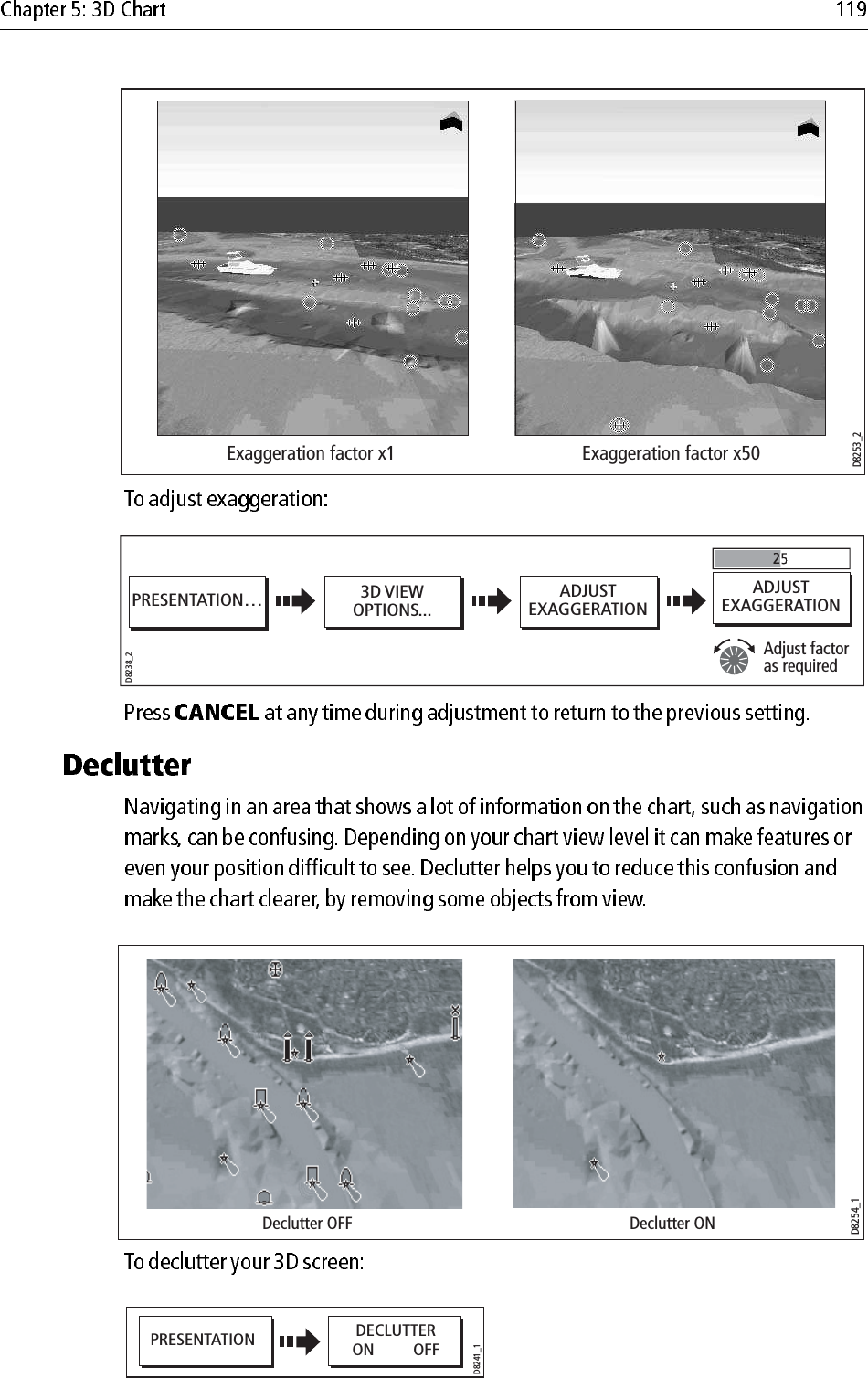                                                 Exaggeration factor x1 Exaggeration factor x50D8253_2D8238_23D VIEWOPTIONS...PRESENTATION… ADJUSTEXAGGERATIONADJUSTEXAGGERATION2Adjust factor as requiredDeclutter ONDeclutter OFFD8254_1PRESENTATION DECLUTTERON         OFFD8241_1