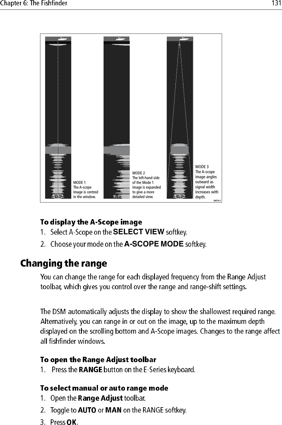 SELECT VIEWA-SCOPE MODED6674-3MODE 1The A-scope image is centred in the window.MODE 2The left-hand side of the Mode 1 image is expanded to give a more detailed view.MODE 3The A-scope image angles outward as signal width increases with depth.