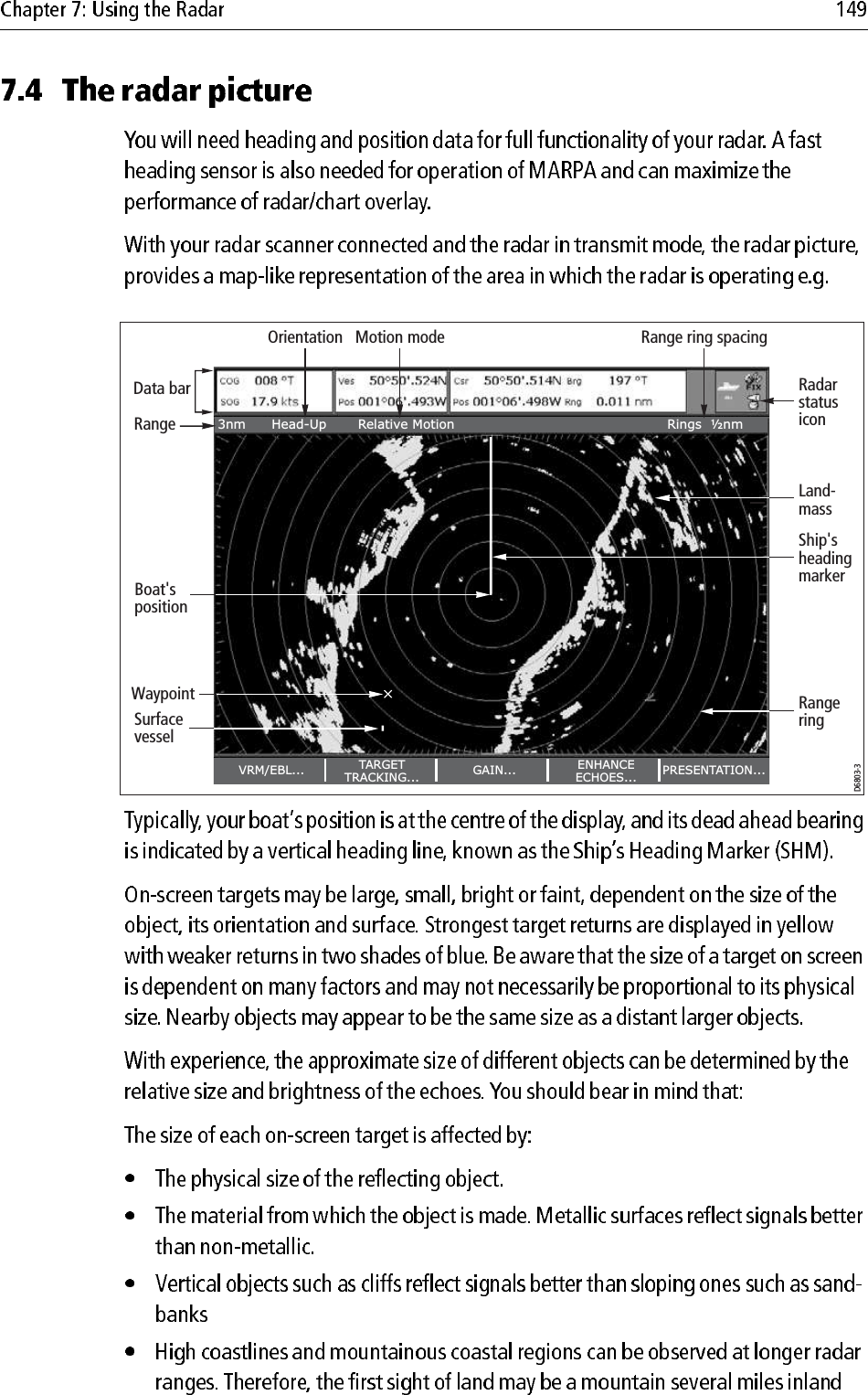 3nm Head-Up Relative Motion Rings  ½nmVRM/EBL... GAIN... PRESENTATION...TARGETTRACKING...ENHANCEECHOES...D6803-3OrientationData barSurfacevesselWaypointShip&apos;sheadingmarkerRadarstatusiconRangeringLand-massBoat&apos;spositionRangeMotion mode Range ring spacing