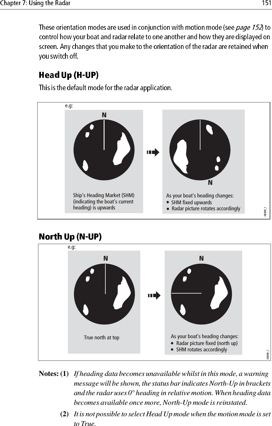 Notes: (1) If heading data becomes unavailable whilst in this mode, a warning message will be shown, the status bar indicates North-Up in brackets and the radar uses 0° heading in relative motion. When heading data becomes available once more, North-Up mode is reinstated.(2) It is not possible to select Head Up mode when the motion mode is set to True.Ship&apos;s Heading Market (SHM) (indicating the boat&apos;s current heading) is upwardsAs your boat&apos;s heading changes:       SHM fixed upwards   Radar picture rotates accordinglyNNe.g:D8398_1Ne.g:True north at topND8399_1As your boat&apos;s heading changes:   Radar picture fixed (north up)   SHM rotates accordingly