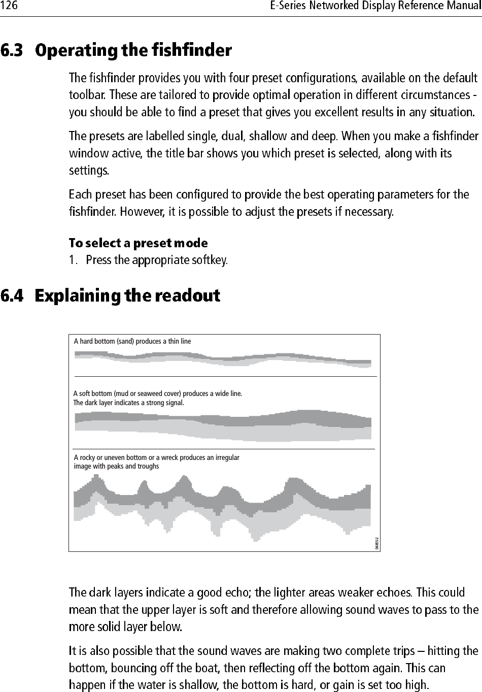 D6855-2A hard bottom (sand) produces a thin lineA soft bottom (mud or seaweed cover) produces a wide line.The dark layer indicates a strong signal.A rocky or uneven bottom or a wreck produces an irregularimage with peaks and troughs