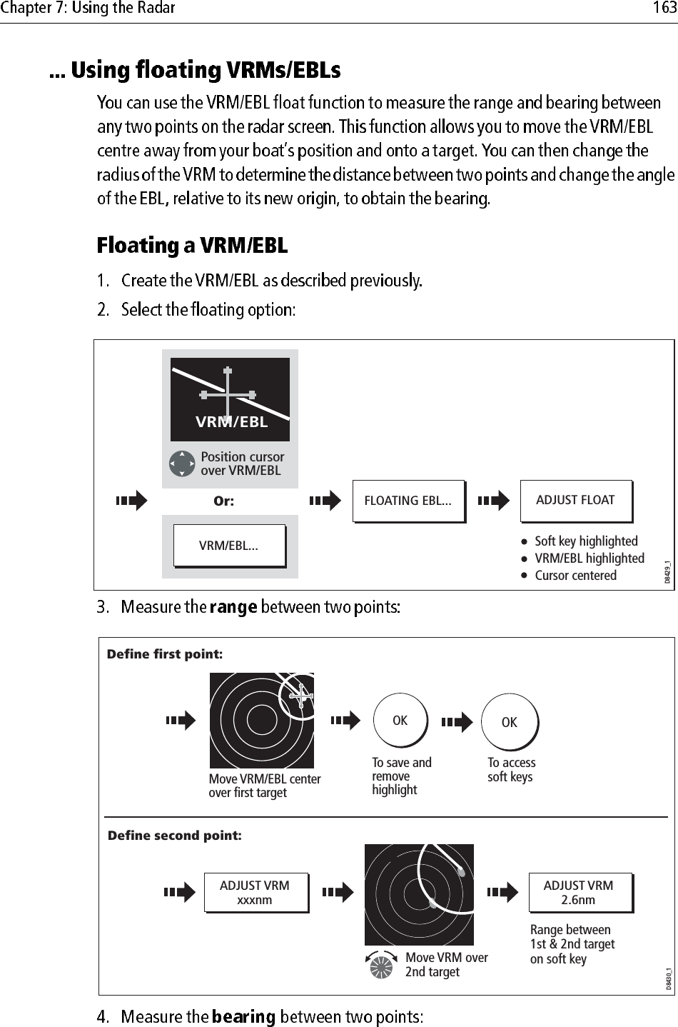 Position cursor over VRM/EBLVRM/EBLOr:D8429_1Soft key highlighted VRM/EBL highlightedCursor centeredFLOATING EBL... ADJUST FLOATVRM/EBL...Move VRM over 2nd target Range between 1st &amp; 2nd target on soft keyADJUST VRMxxxnmADJUST VRM2.6nmDefine first point:Define second point:D8430_1Move VRM/EBL center over first target To save and removehighlightOKTo access soft keysOK