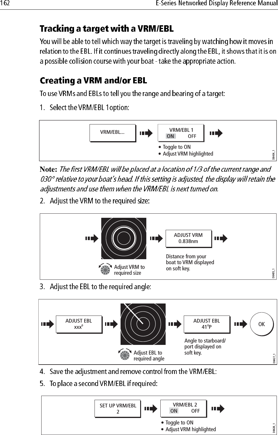 Note: VRM/EBL...D8404_1Toggle to ONAdjust VRM highlightedVRM/EBL 1OND8405_1Adjust VRM to required sizeADJUST VRM0.838nmDistance from your boat to VRM displayed on soft key.D8427_1Adjust EBL to required angleAngle to starboard/ port displayed on soft key.ADJUST EBLxxx0ADJUST EBL410POKSET UP VRM/EBL2D8428_1Toggle to ONAdjust VRM highlightedVRM/EBL 2ON          OFF