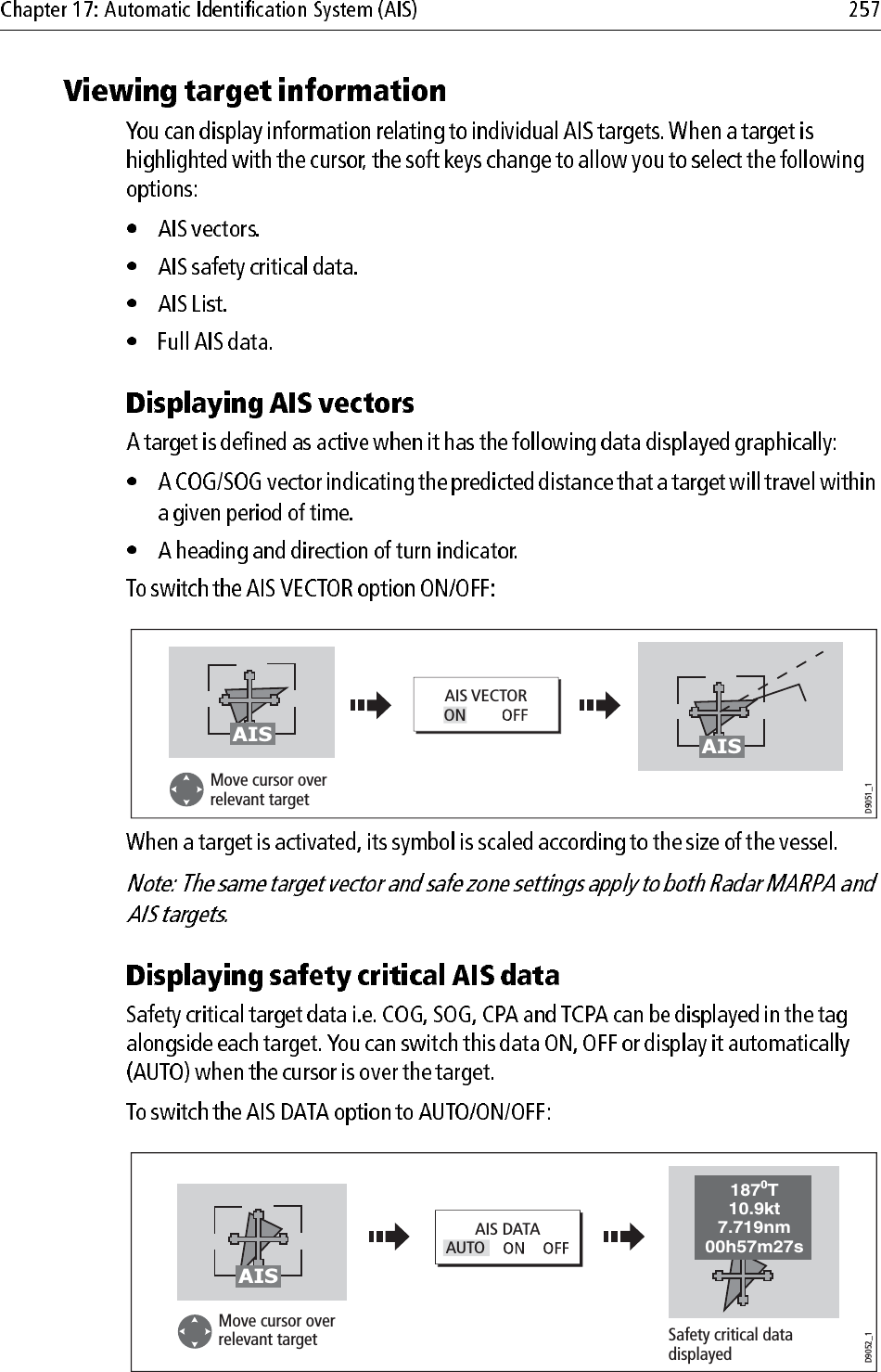                         D9051_1Move cursor over relevant targetAIS AISAIS VECTOROND9052_1Move cursor over relevant target Safety critical data displayedAIS DATAAUTO1870T10.9kt7.719nm00h57m27sAIS