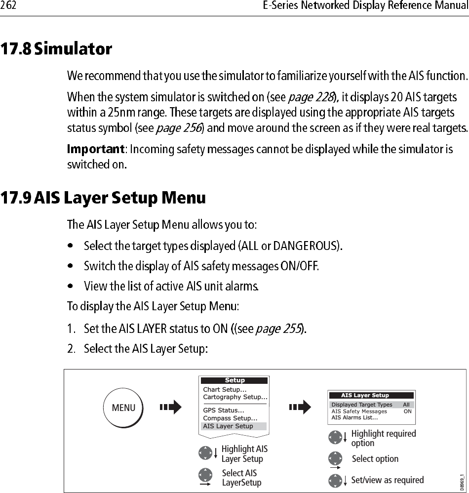             D8969_1AIS Layer SetupAIS Alarms List...Displayed Target TypesAllSetupChart Setup...Cartography Setup...GPS Status...Compass Setup...AIS Layer SetupHighlight AISLayer SetupSelect AIS LayerSetupMENUHighlight requiredoptionSelect optionSet/view as required