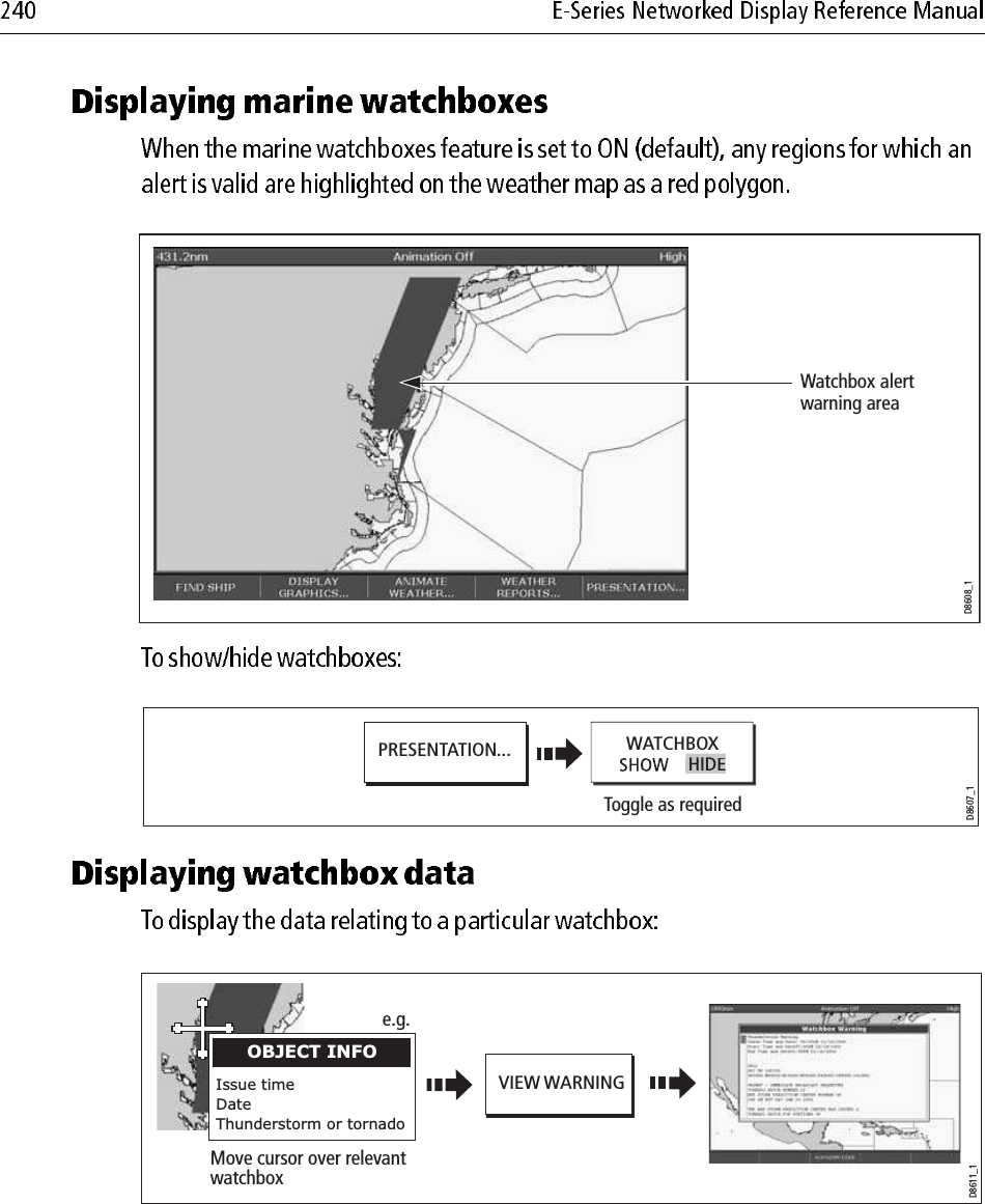                                     D8608_1Watchbox alert warning areaWATCHBOXHIDEPRESENTATION...D8607_1Toggle as requiredVIEW WARNINGMove cursor over relevantwatchbox Issue timeDateThunderstorm or tornadoOBJECT INFOe.g.D8611_1