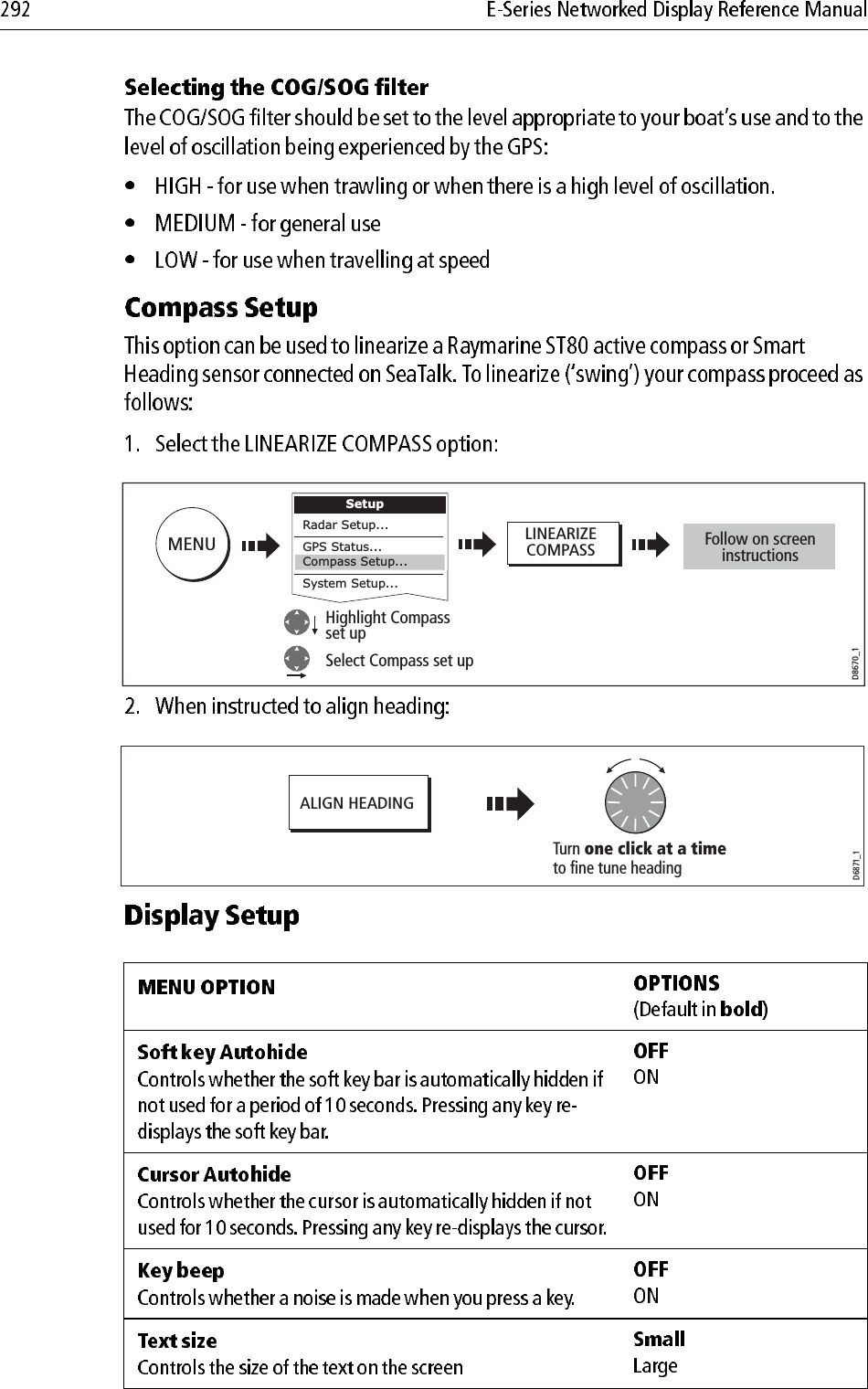                                     LINEARIZECOMPASSFollow on screeninstructionsHighlight Compass set upSelect Compass set upD8670_1MENUSetupRadar Setup...GPS Status...Compass Setup...System Setup...ALIGN HEADINGTurn one click at a timeto fine tune headingD6871_1