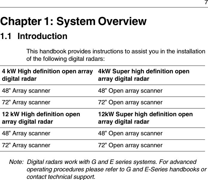 7Chapter 1: System Overview1.1 IntroductionThis handbook provides instructions to assist you in the installation of the following digital radars:Note:  Digital radars work with G and E series systems. For advanced operating procedures please refer to G and E-Series handbooks or contact technical support.4 kW High definition open array digital radar4kW Super high definition open array digital radar48” Array scanner 48” Open array scanner72” Array scanner 72” Open array scanner12 kW High definition open array digital radar12kW Super high definition open array digital radar48” Array scanner 48” Open array scanner72” Array scanner 72” Open array scanner