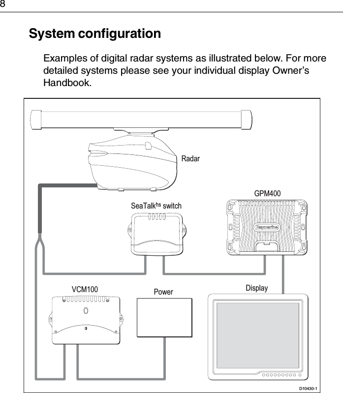 8System configurationExamples of digital radar systems as illustrated below. For more detailed systems please see your individual display Owner’s Handbook.D10430-1GPM400RadarPowerVCM100 DisplaySeaTalkhs switch