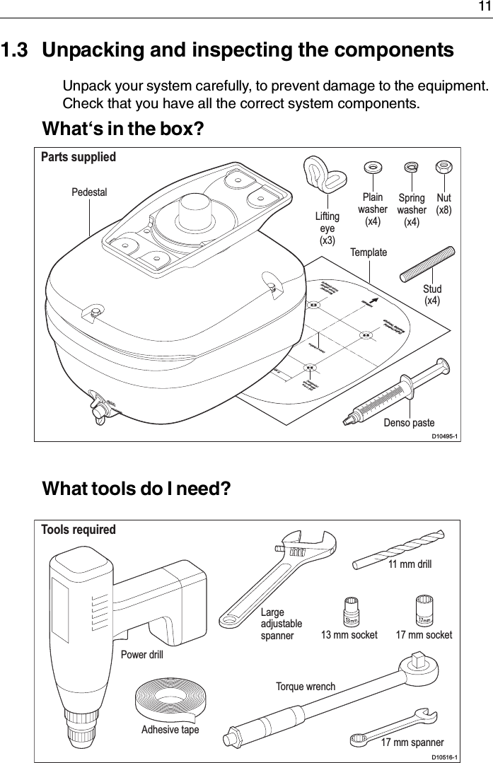 111.3 Unpacking and inspecting the componentsUnpack your system carefully, to prevent damage to the equipment. Check that you have all the correct system components.What‘s in the box?What tools do I need?Parts suppliedD10495-1Stud(x4)PedestalTemplatePlainwasher(x4)Springwasher(x4)Nut(x8)Denso paste Drill 11 mmdiameter hole(4 positions)Centre of RotationFORWARDCable Entry140 mm70 mm150 mm57 mmMaximumoutline ofpedestalIMPORTANTSecure pedestalbefore opening lidDigital PedestalMounting TemplateLiftingeye(x3)Tools requiredD10516-1Power drillLargeadjustable spanner 13 mm socket 17 mm socket11 mm drill17 mm spannerTorque wrenchAdhesive tape
